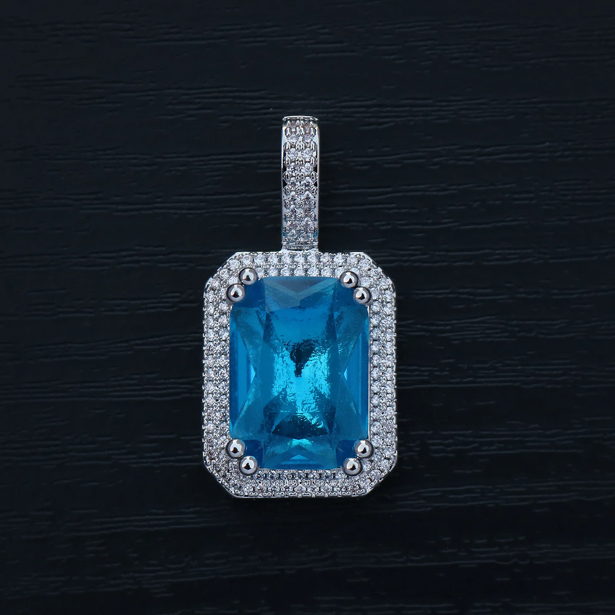 Iced Blue Stone Pendant - White Gold - Image 2
