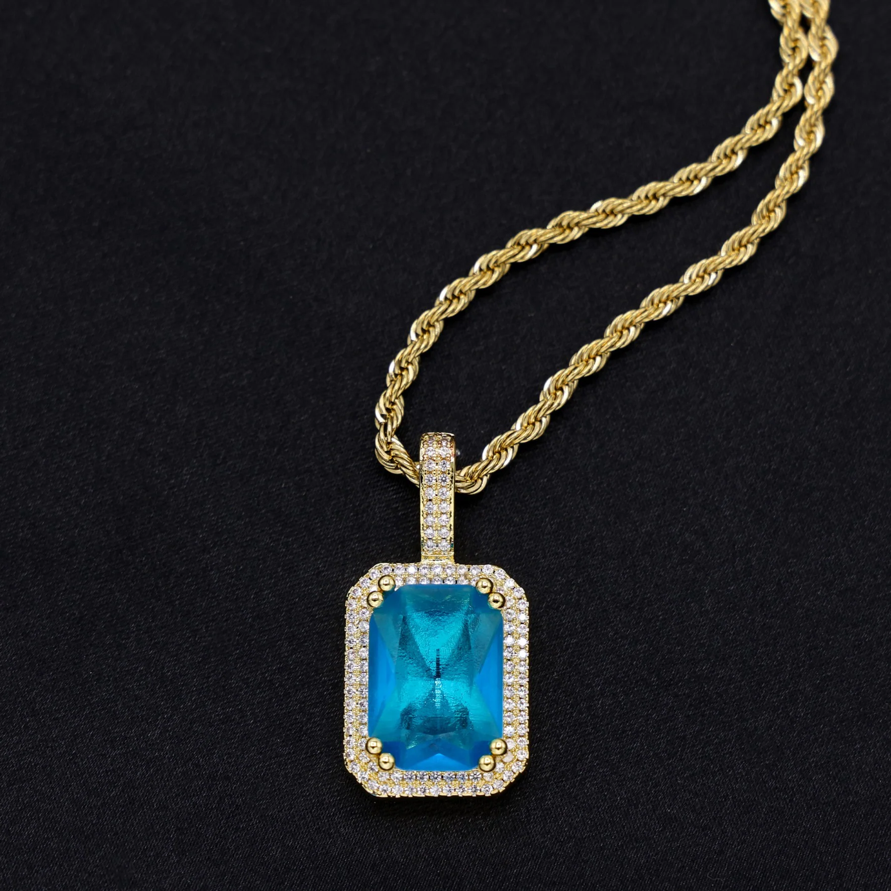 Iced Blue Stone Pendant - Gold - Image 2