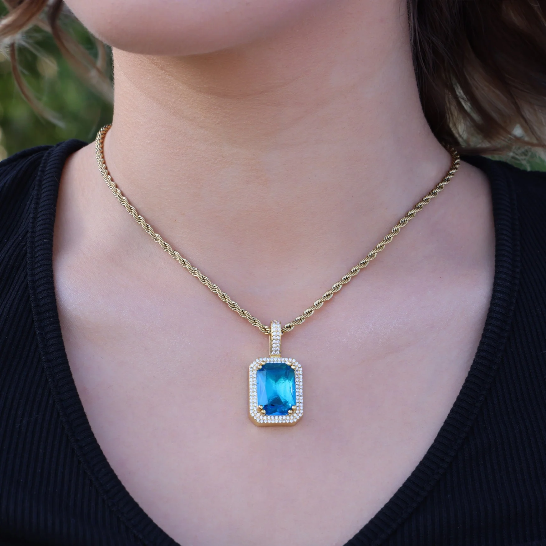 Iced Blue Stone Pendant - Gold - Image 3