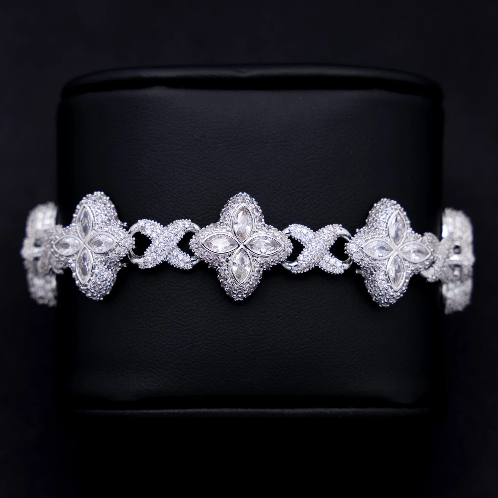 Iced Clover Link Bracelet - White Gold - Image 3