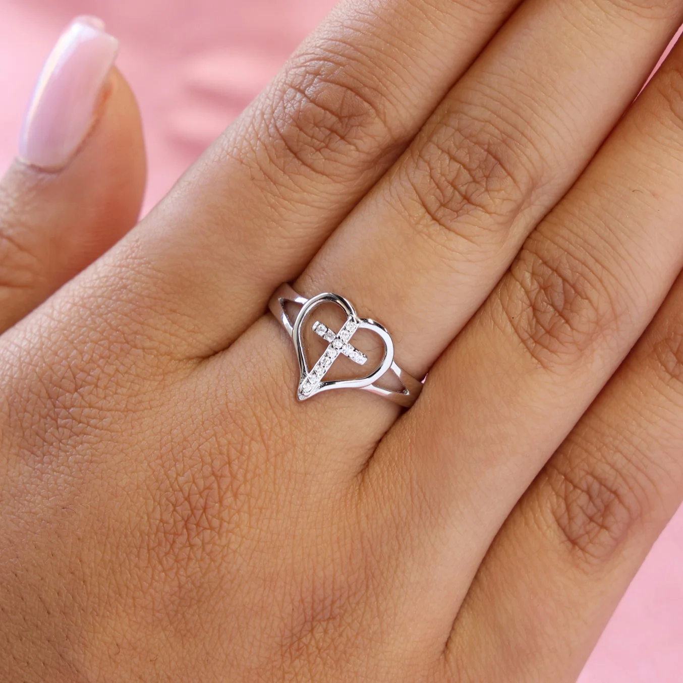Iced Cross Heart Ring - 925 Silver - Image 2