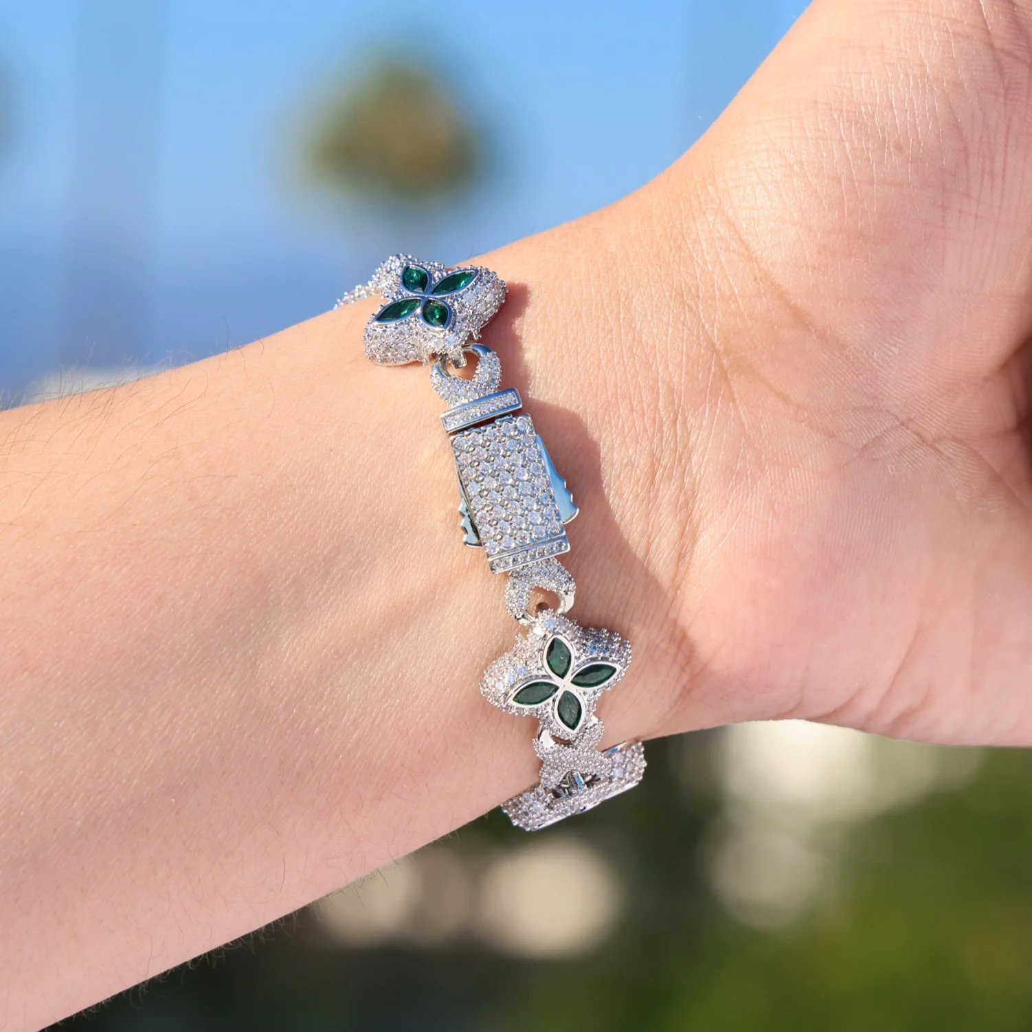 Iced Green Clover Link Bracelet - White Gold - Image 2