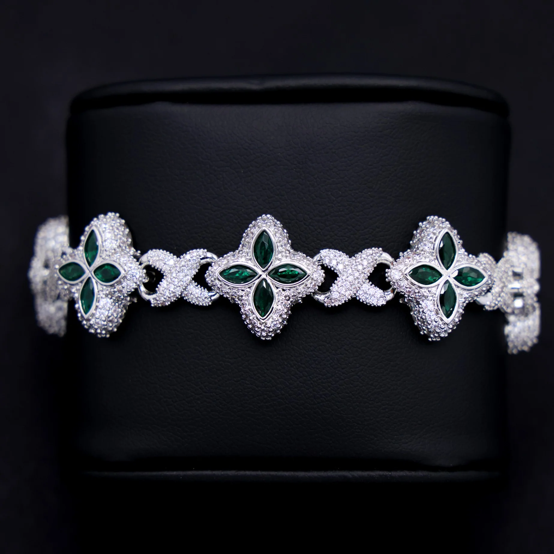 Iced Green Clover Link Bracelet - White Gold - Image 3