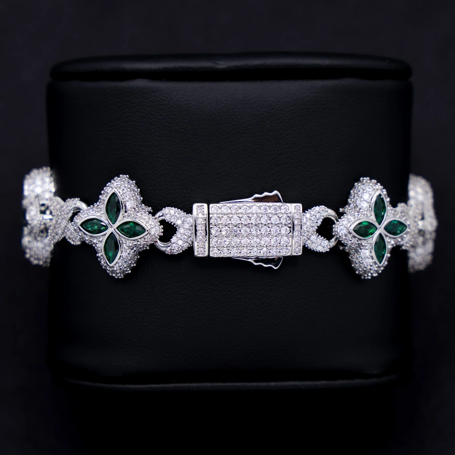 Iced Green Clover Link Bracelet - White Gold - Image 4