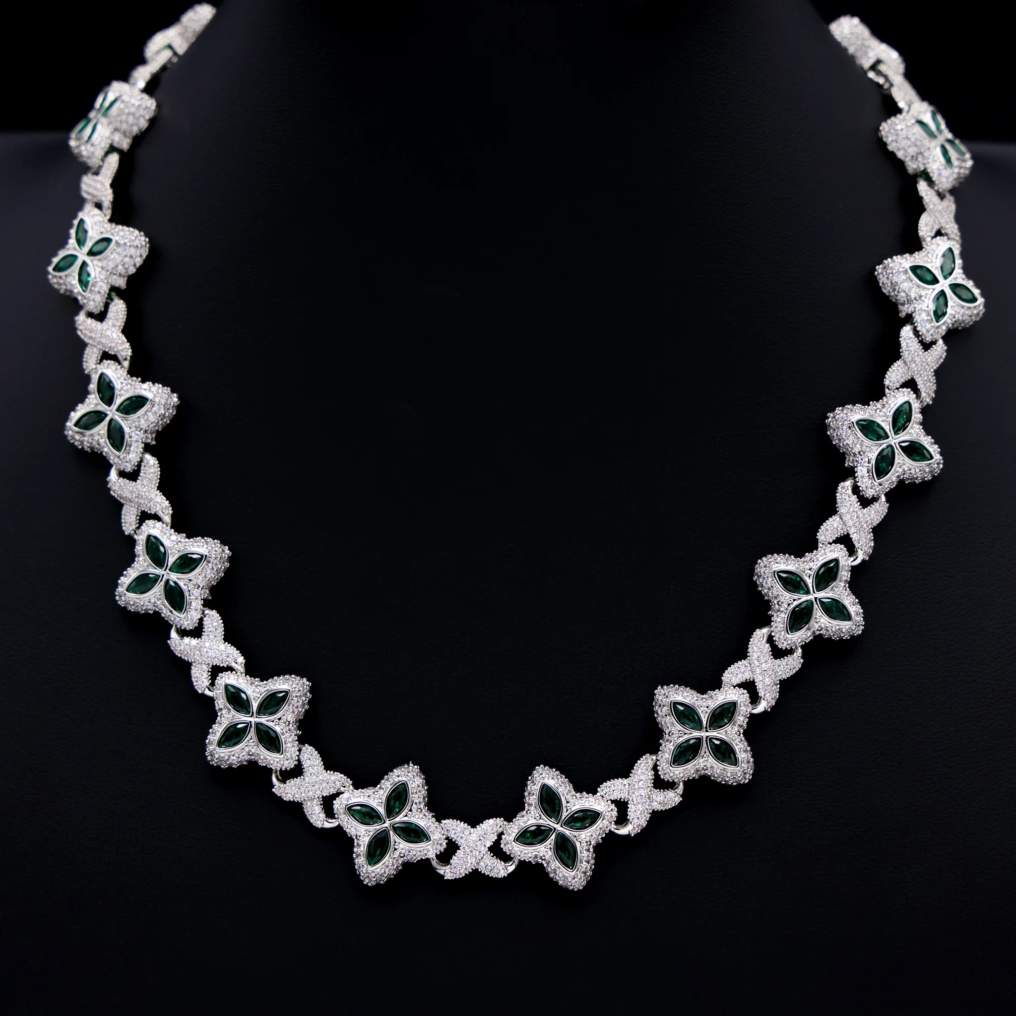 Iced Green Clover Link Chain - White Gold
