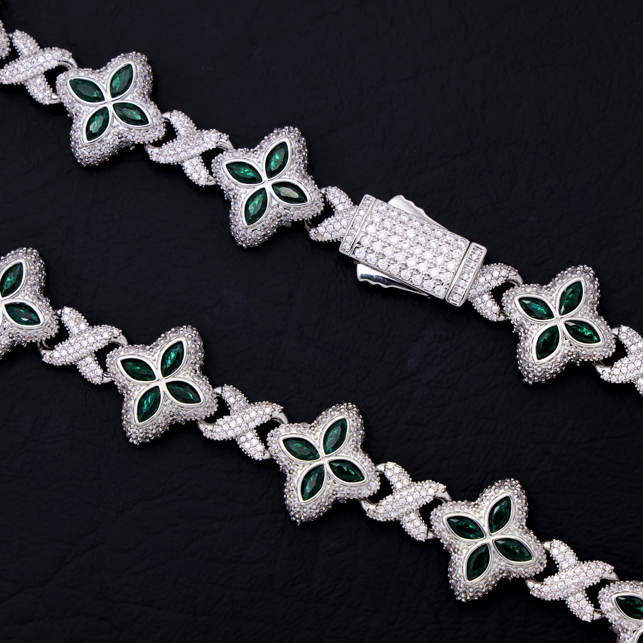 Iced Green Clover Link Chain - White Gold - Image 2