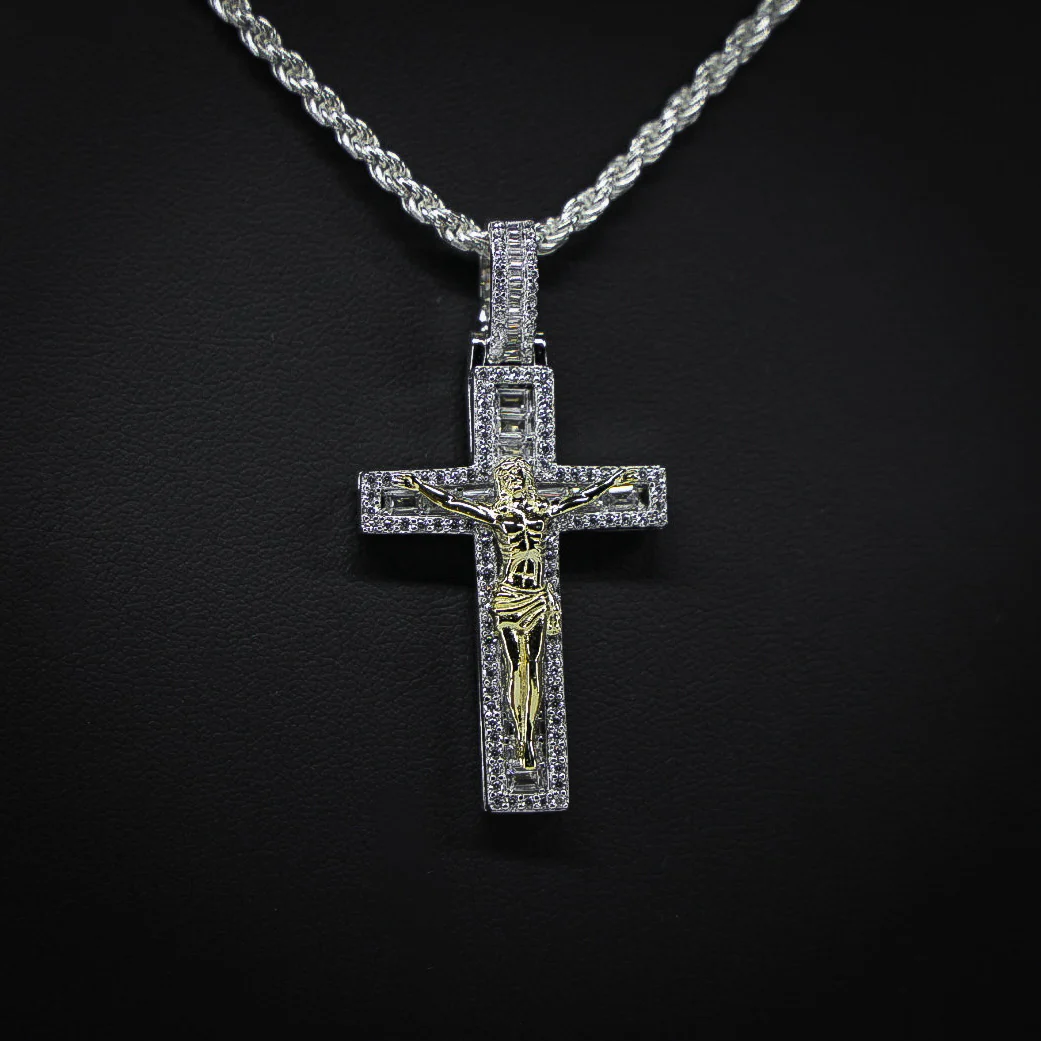 Iced Moissanite Baguette Crucifix Pendant (2 Tone) - 925 Silver