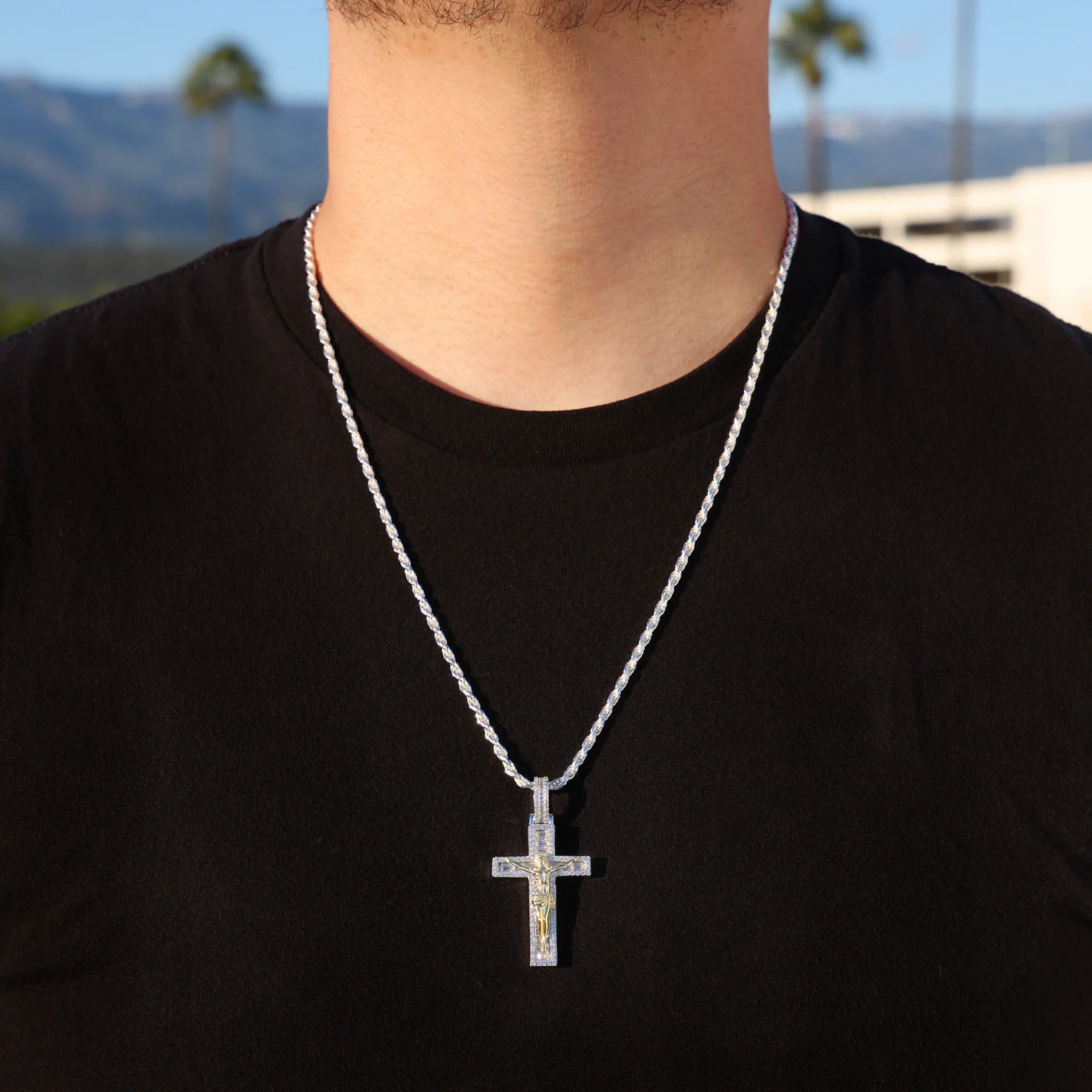 Iced Moissanite Baguette Crucifix Pendant (2 Tone) - 925 Silver - Image 2