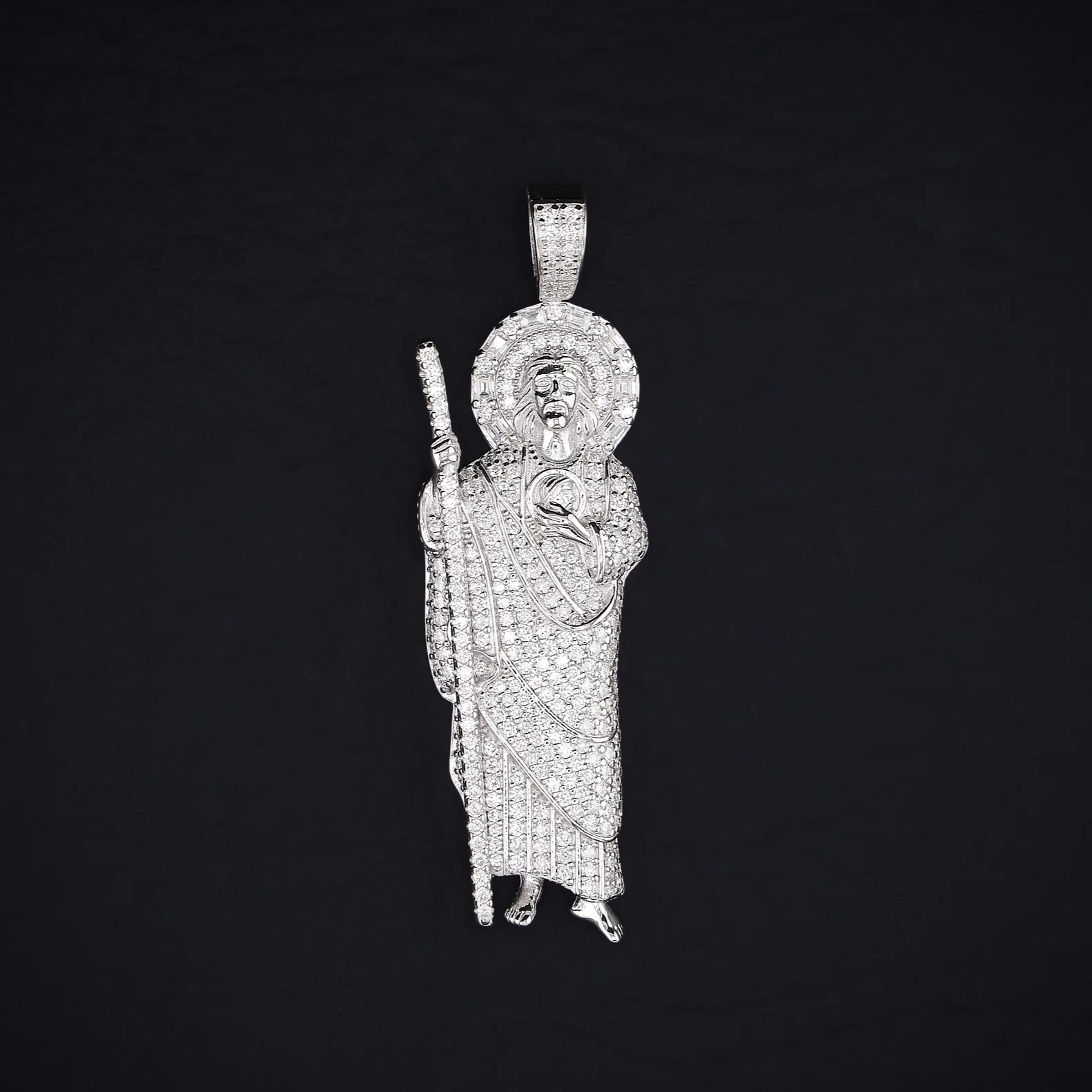 Iced Moissanite Baguette San Judas Pendant - 925 Silver