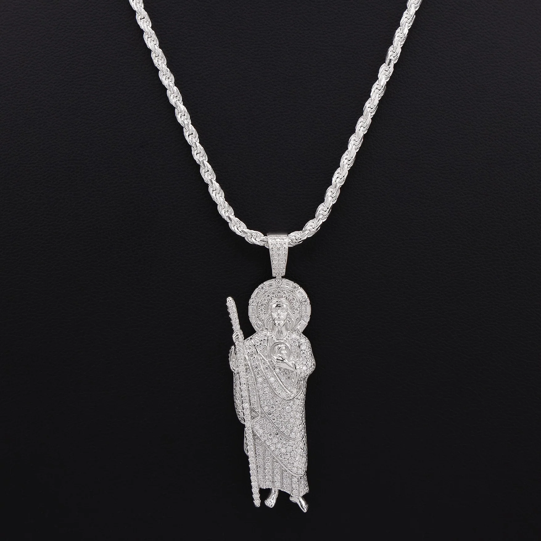 Iced Moissanite Baguette San Judas Pendant - 925 Silver - Image 2