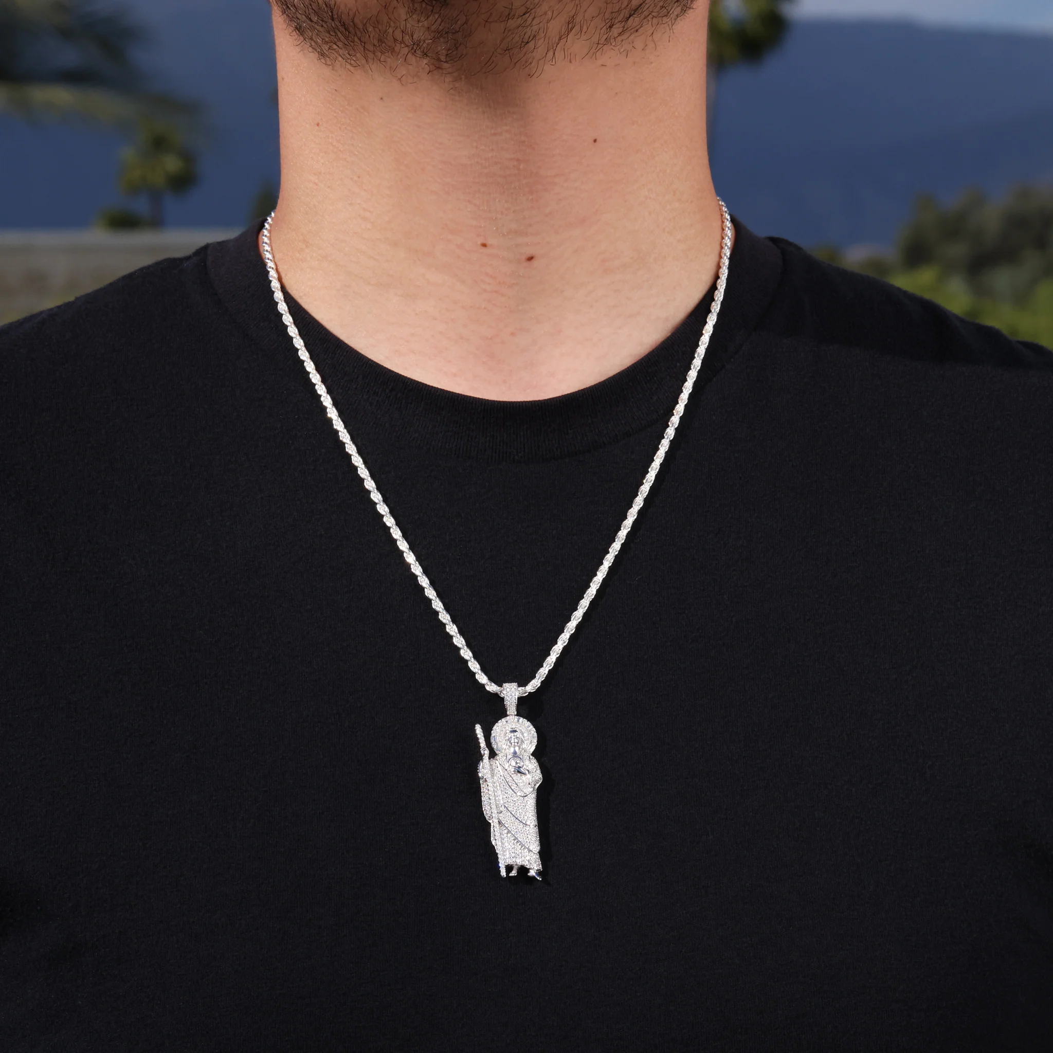 Iced Moissanite Baguette San Judas Pendant - 925 Silver - Image 3