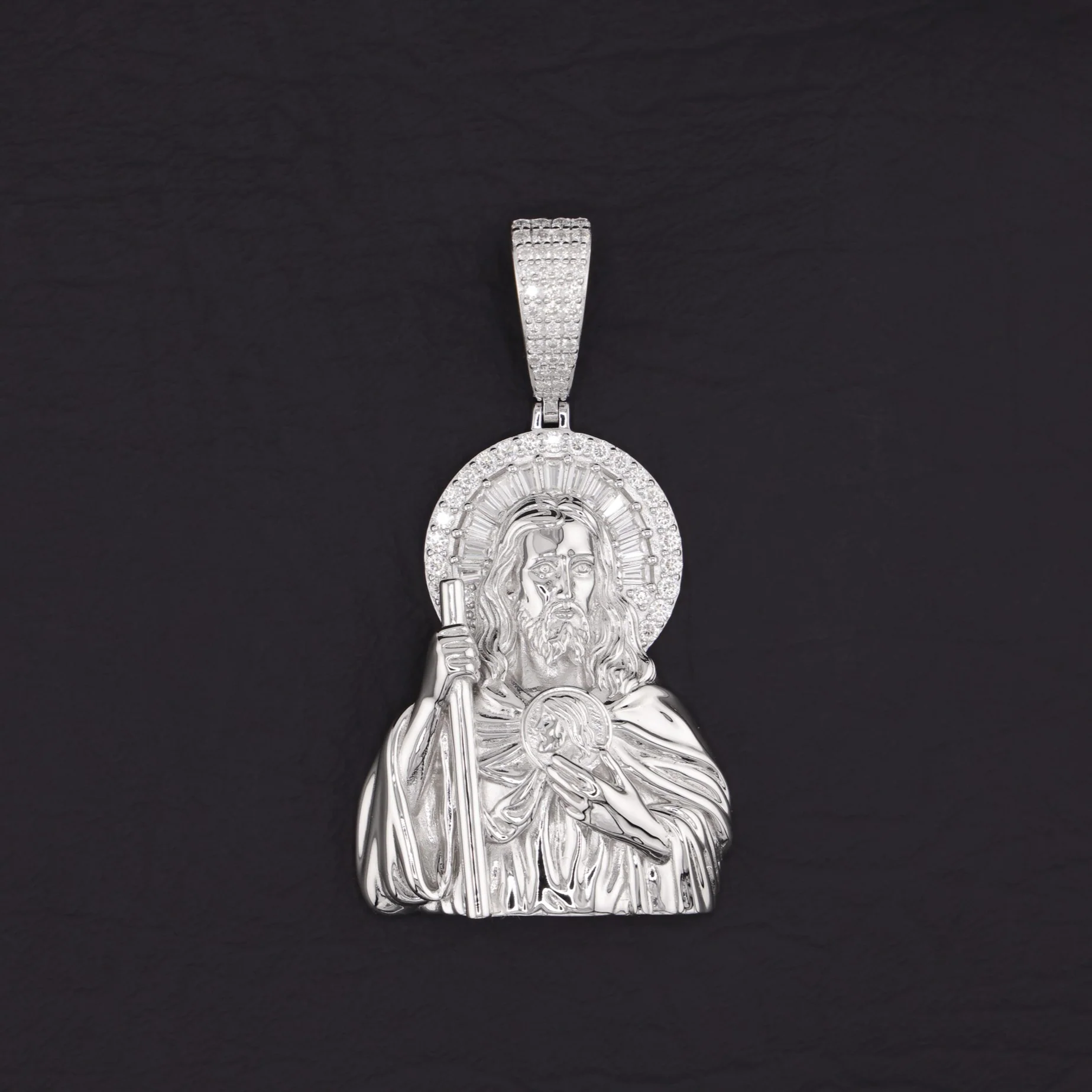 Iced Moissanite Half Body San Judas Baguette Pendant - 925 Silver