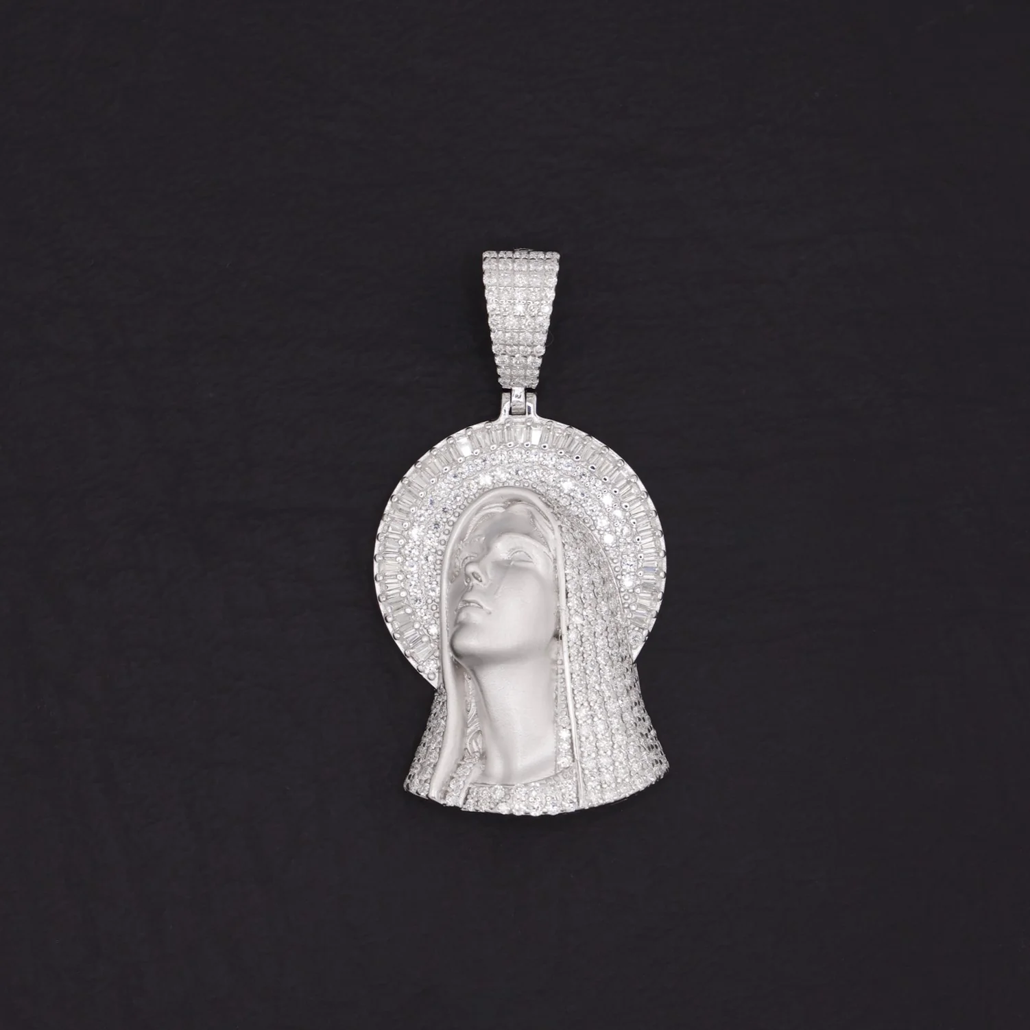 Iced Moissanite Matte Virgin Mary Baguette Pendant - 925 Silver