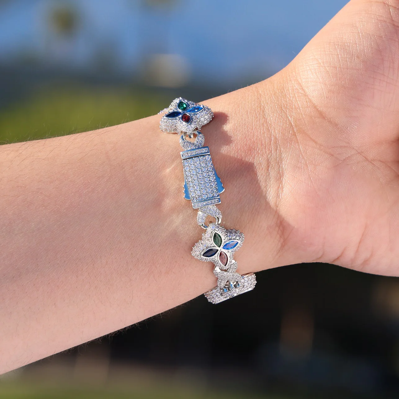 Iced Multi-Color Clover Link Bracelet - White Gold - Image 3