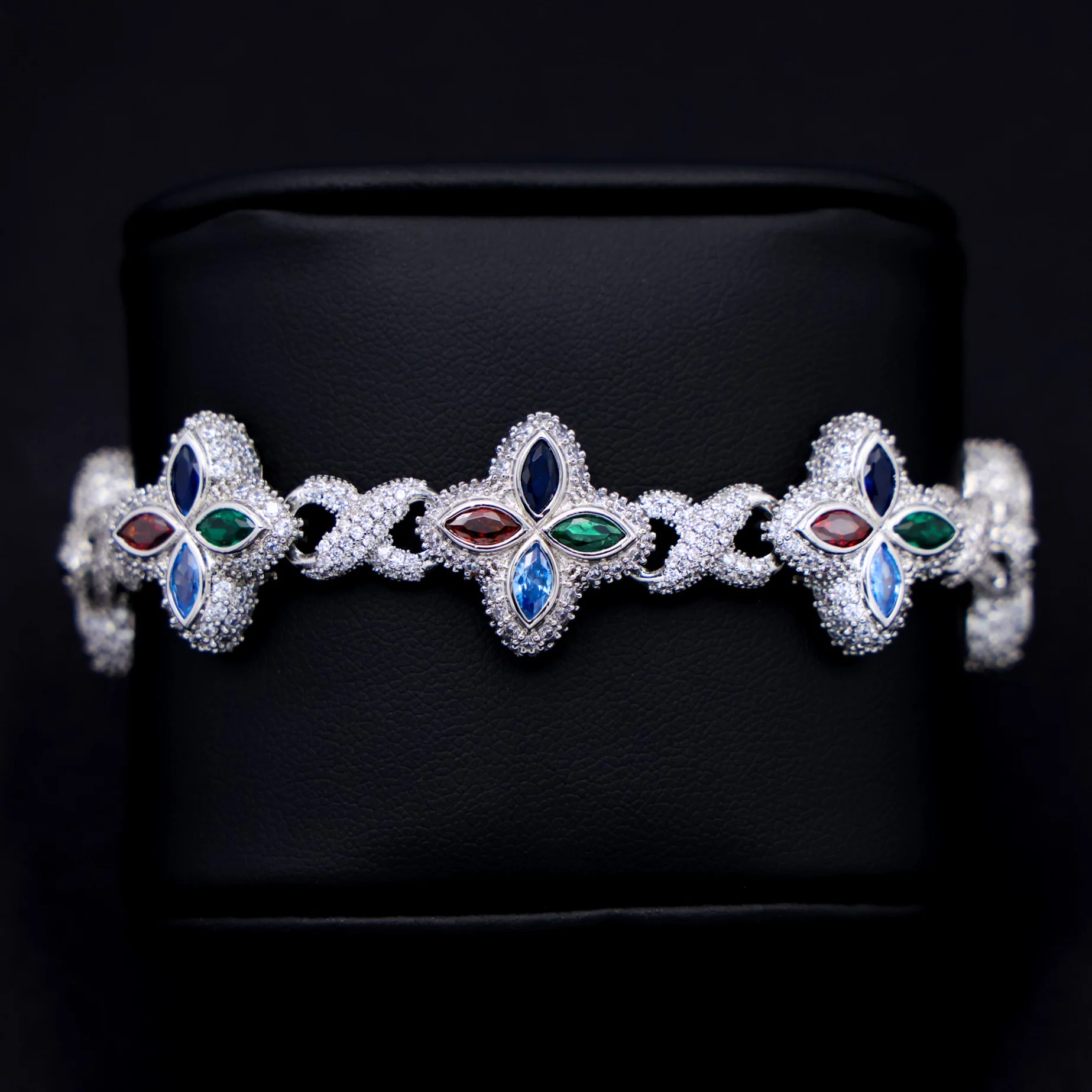 Iced Multi-Color Clover Link Bracelet - White Gold - Image 4