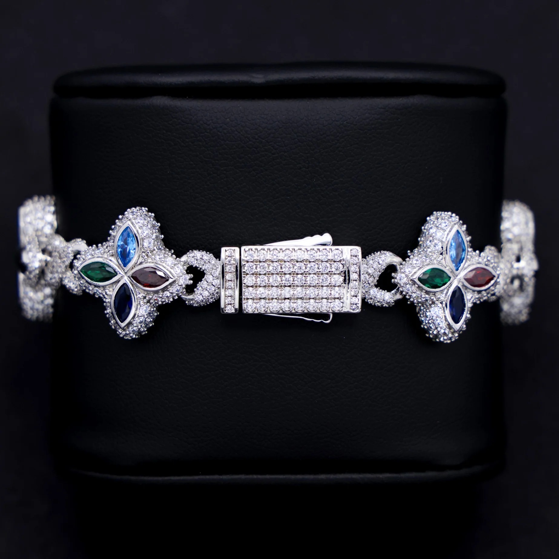 Iced Multi-Color Clover Link Bracelet - White Gold - Image 5