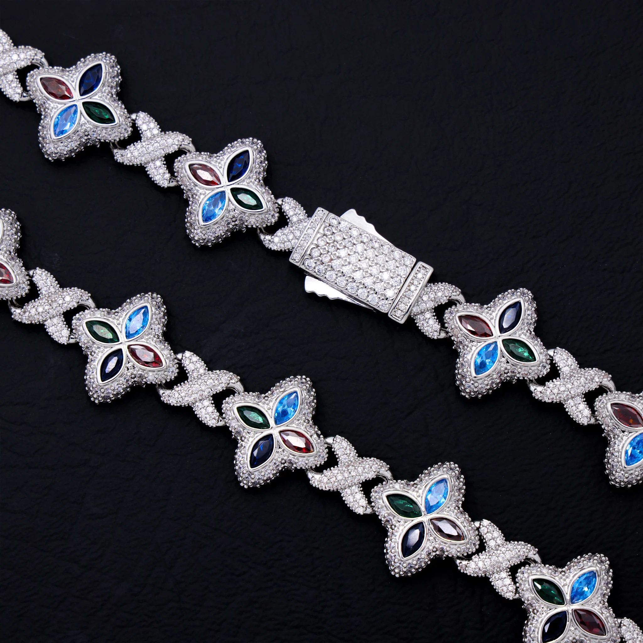 Iced Multi-Color Clover Link Chain - White Gold - Image 3