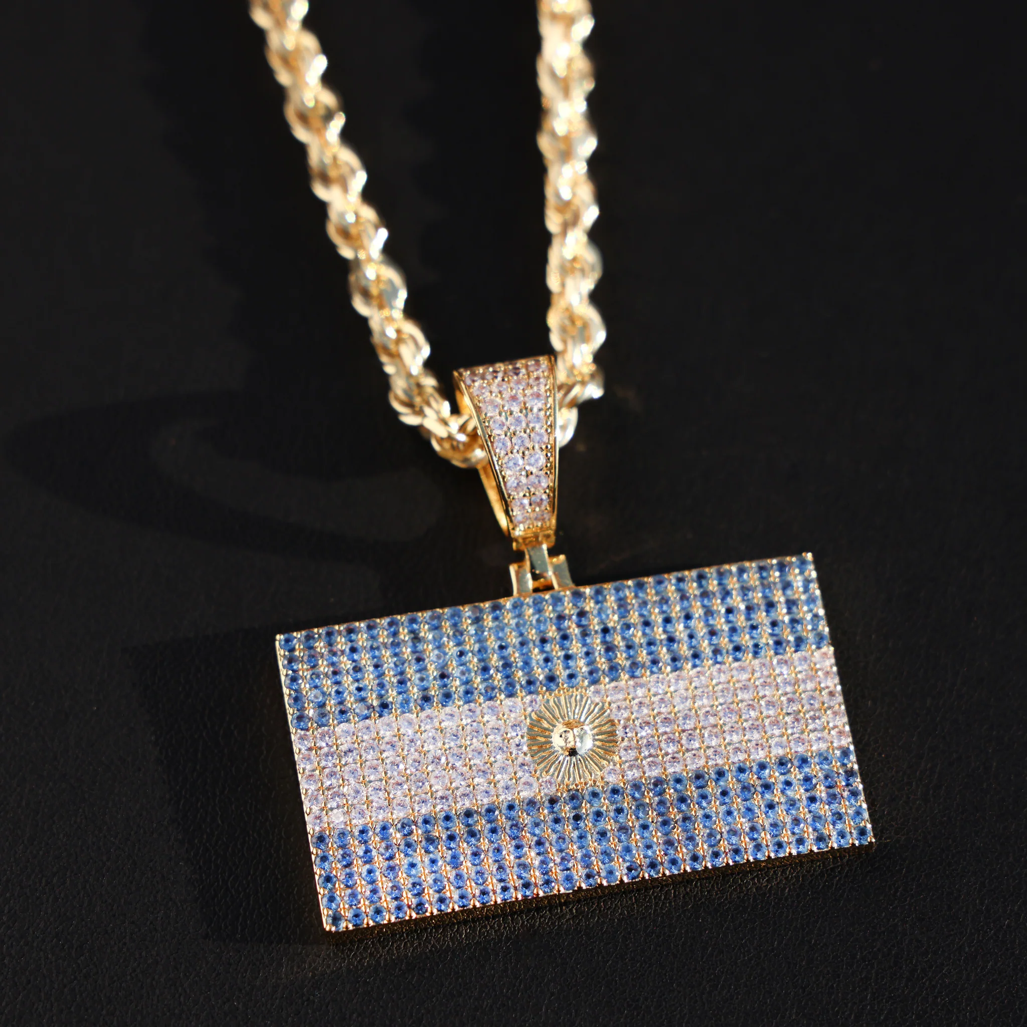 Iced out Argentina Flag Pendant - 14k Gold - Image 4