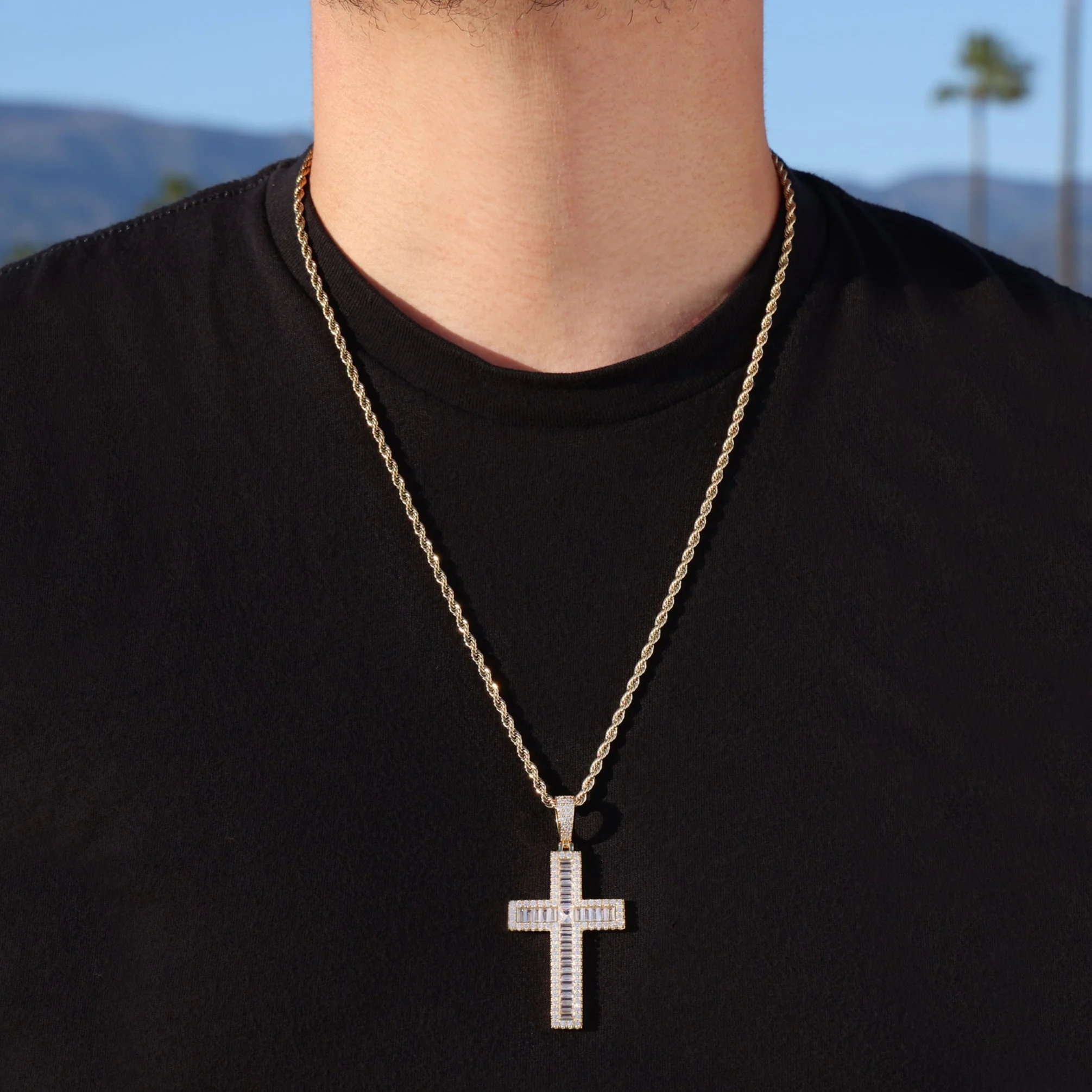 Iced out Baguette Cross Pendant - Gold - Image 3