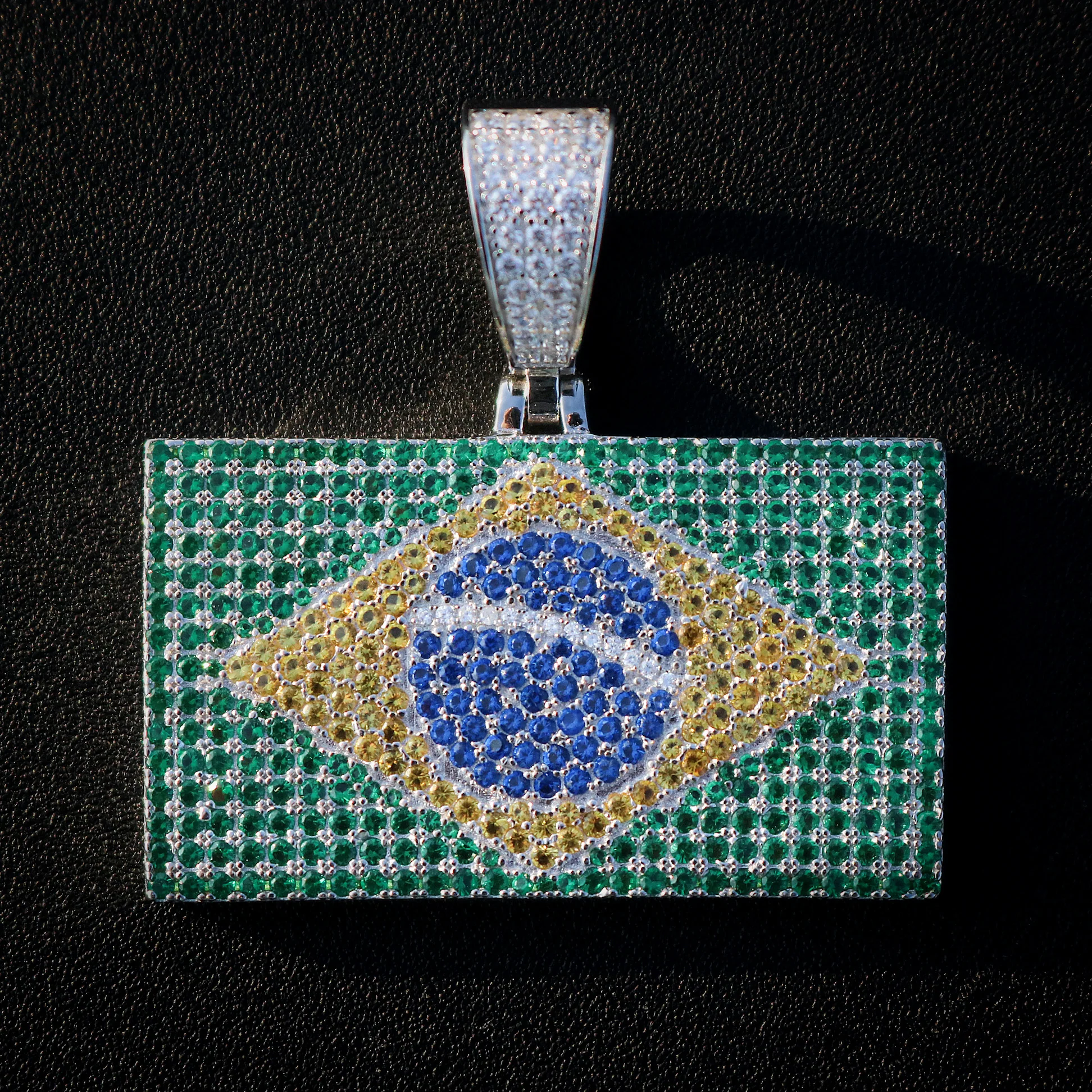 Iced Out Brazil Flag Pendant - 925 Silver