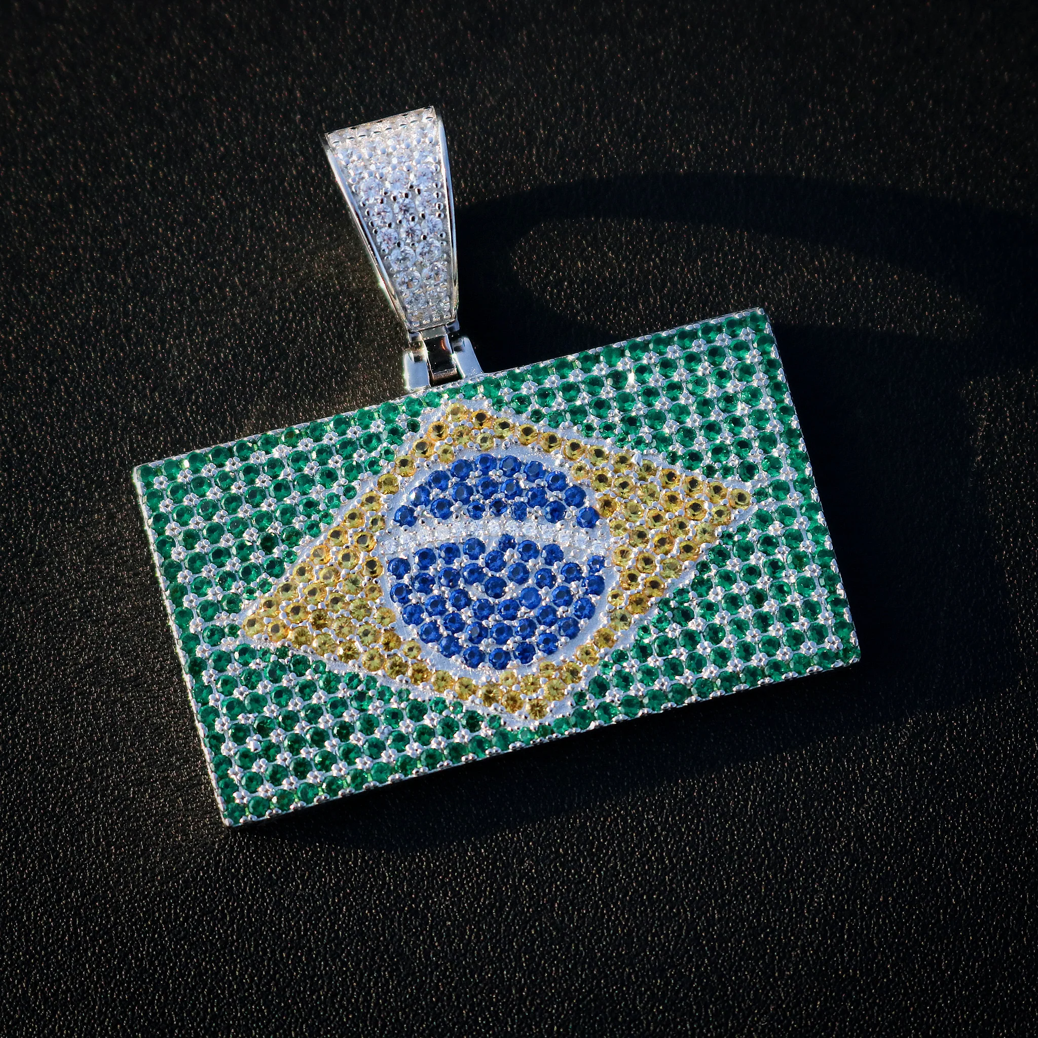Iced Out Brazil Flag Pendant - 925 Silver - Image 2