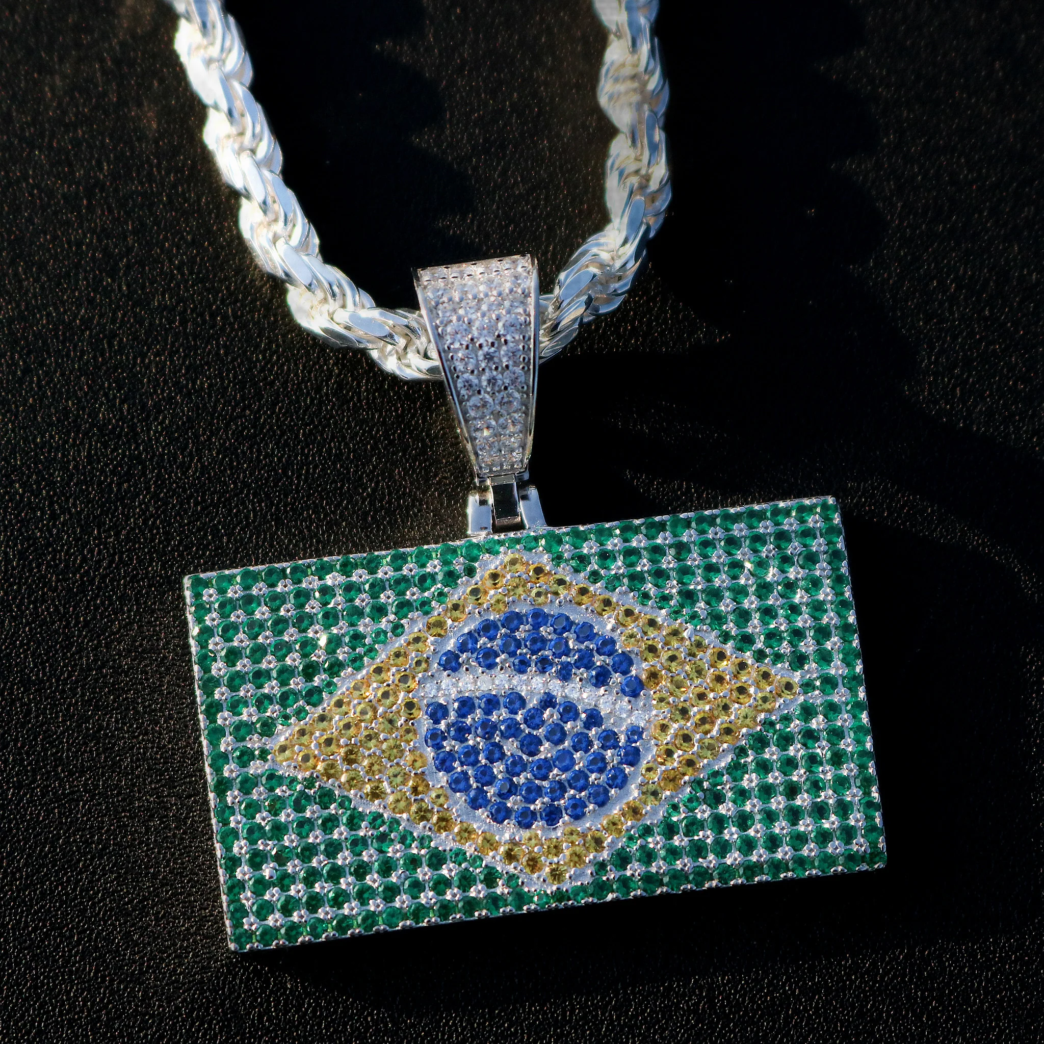 Iced Out Brazil Flag Pendant - 925 Silver - Image 3