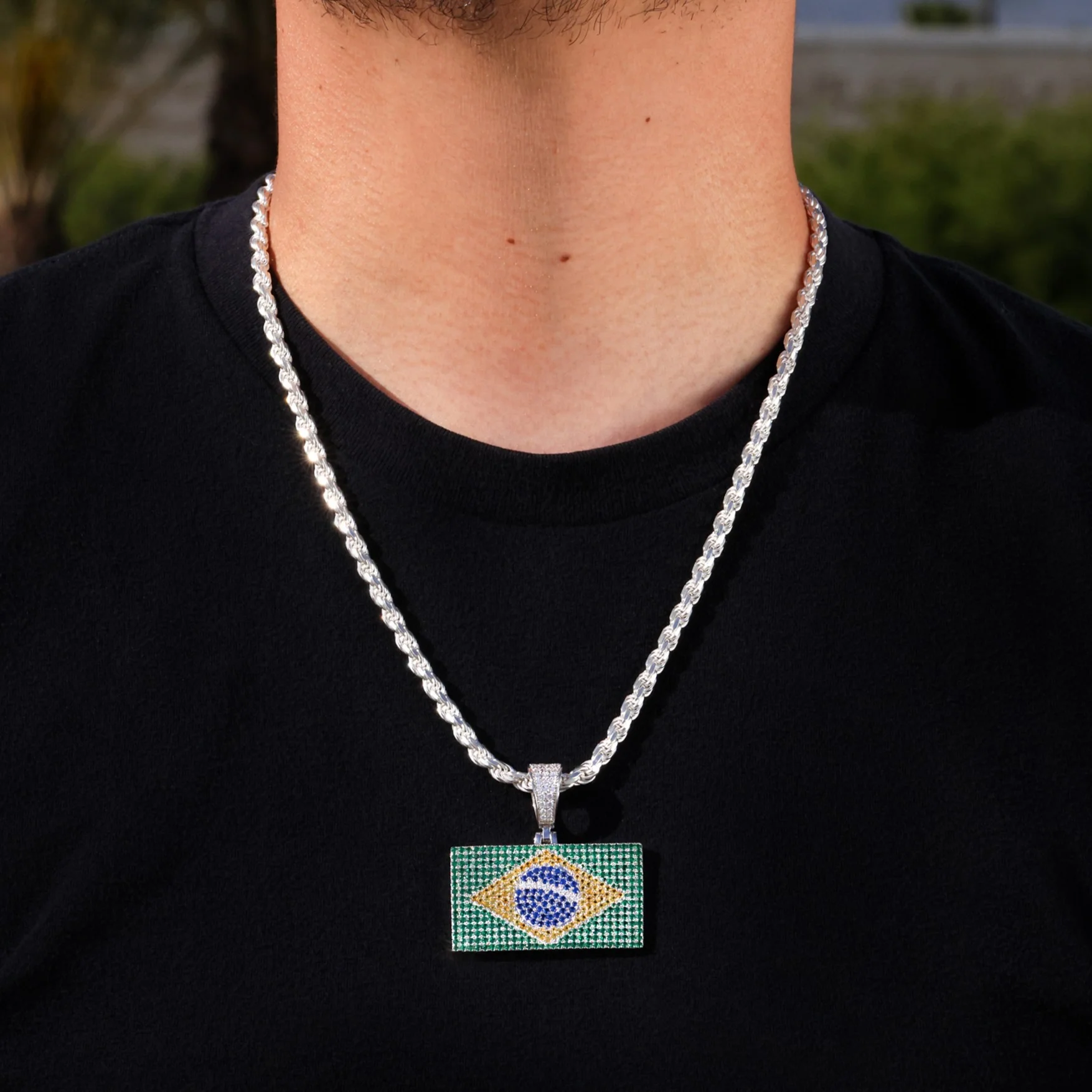 Iced Out Brazil Flag Pendant - 925 Silver - Image 4