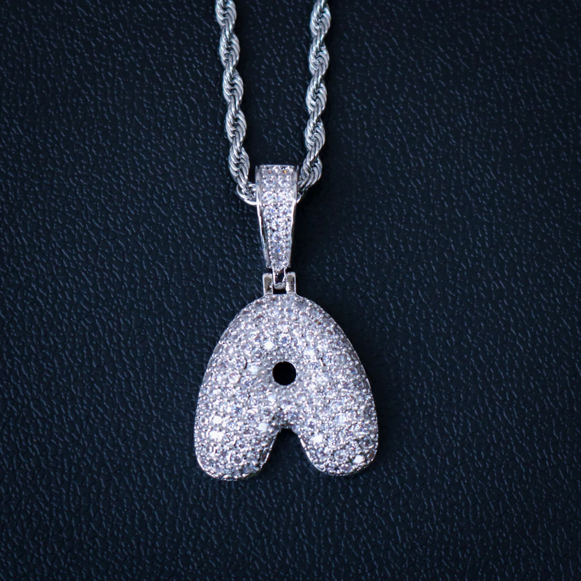 Iced out bubble initial letter (A-Z) pendant - White Gold