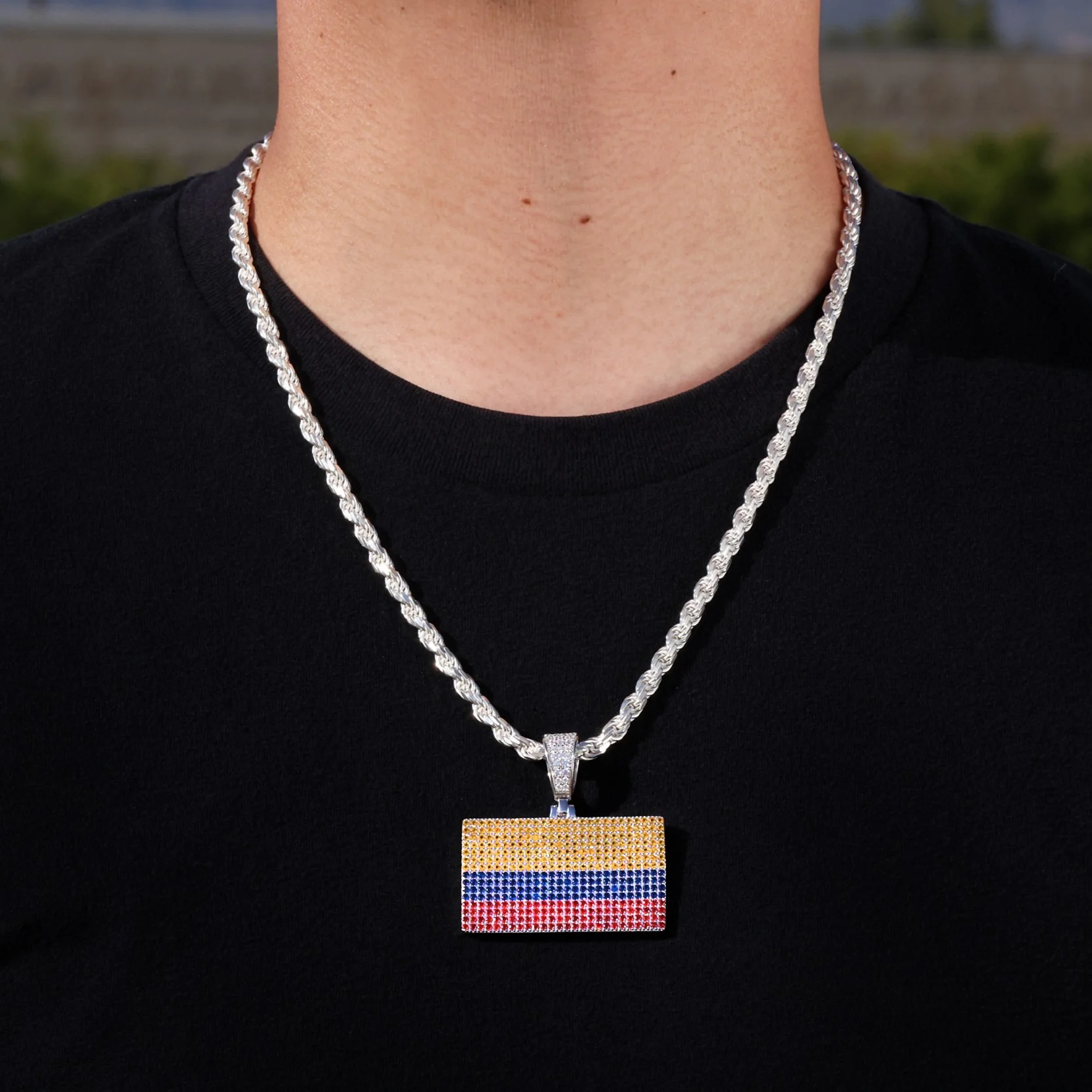 Iced Out Colombia Flag Pendant - 925 Silver - Image 2