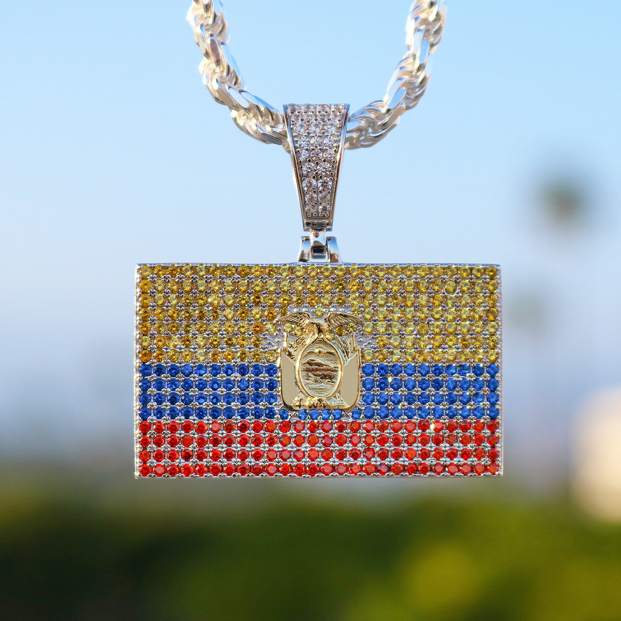 Iced Out Ecuador Flag Pendant - 925 Silver - Image 2