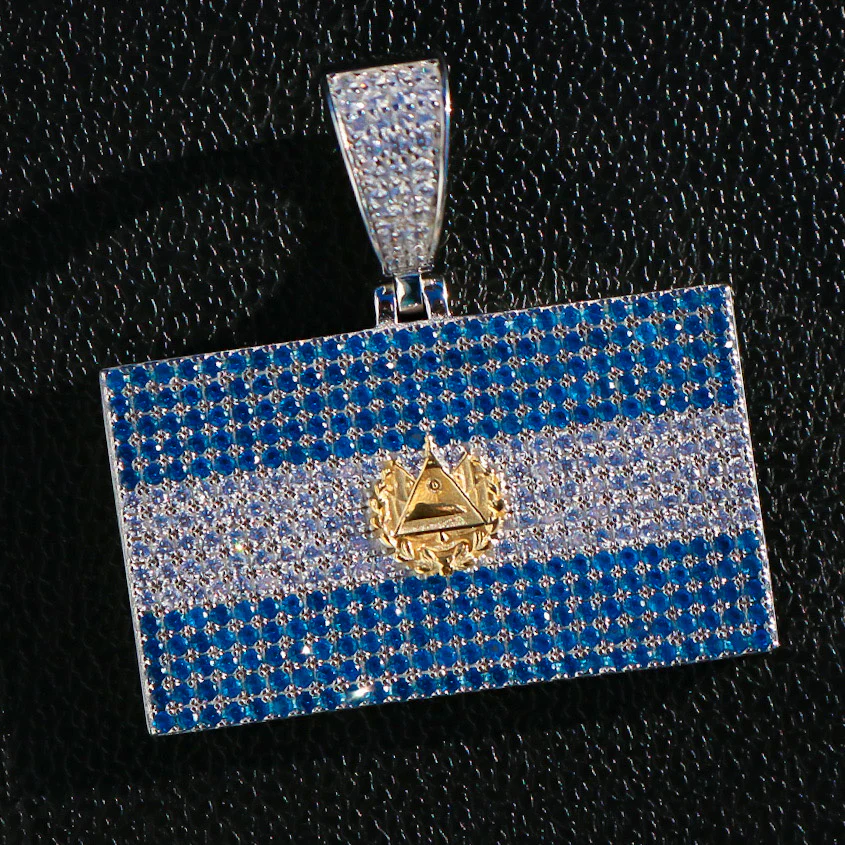 Iced Out El Salvador Flag Pendant - 925 Silver
