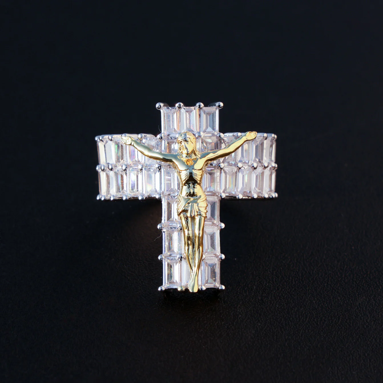 Iced Out Moissanite Baguette Crucifix Ring - 925 Silver