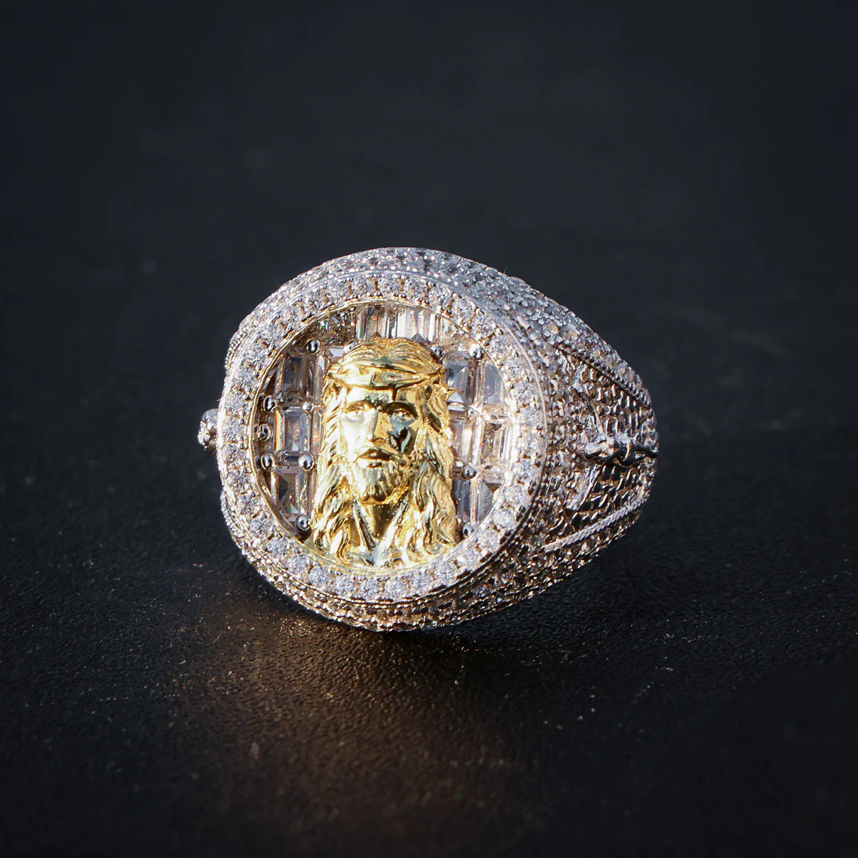 Iced Out Moissanite Baguette Jesus Head Ring - 925 Silver