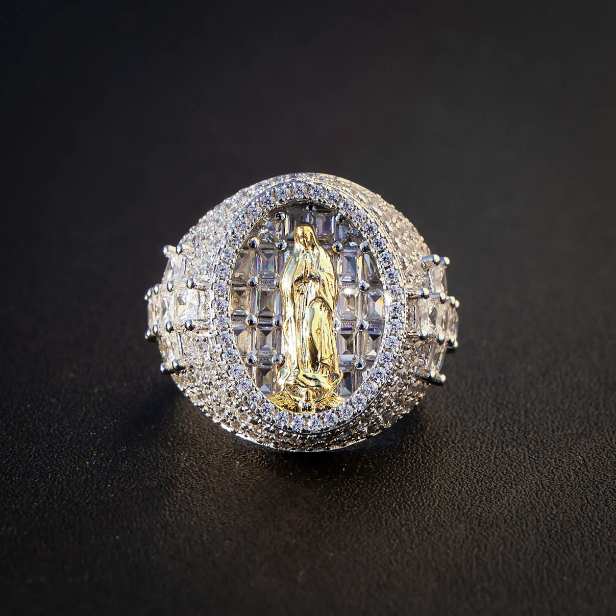 Iced Out Moissanite Baguette Virgin Mary Ring - 925 Silver