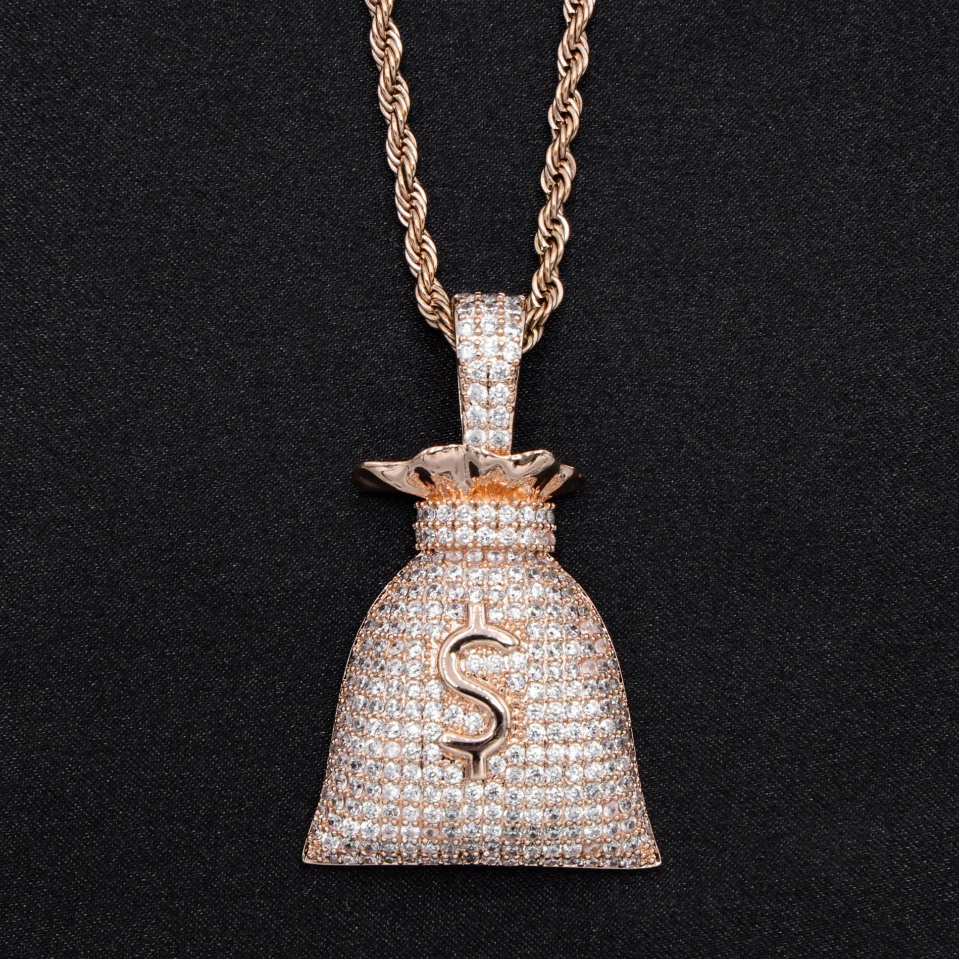 Iced Out Money Bag Pendant - Rose Gold - Image 2