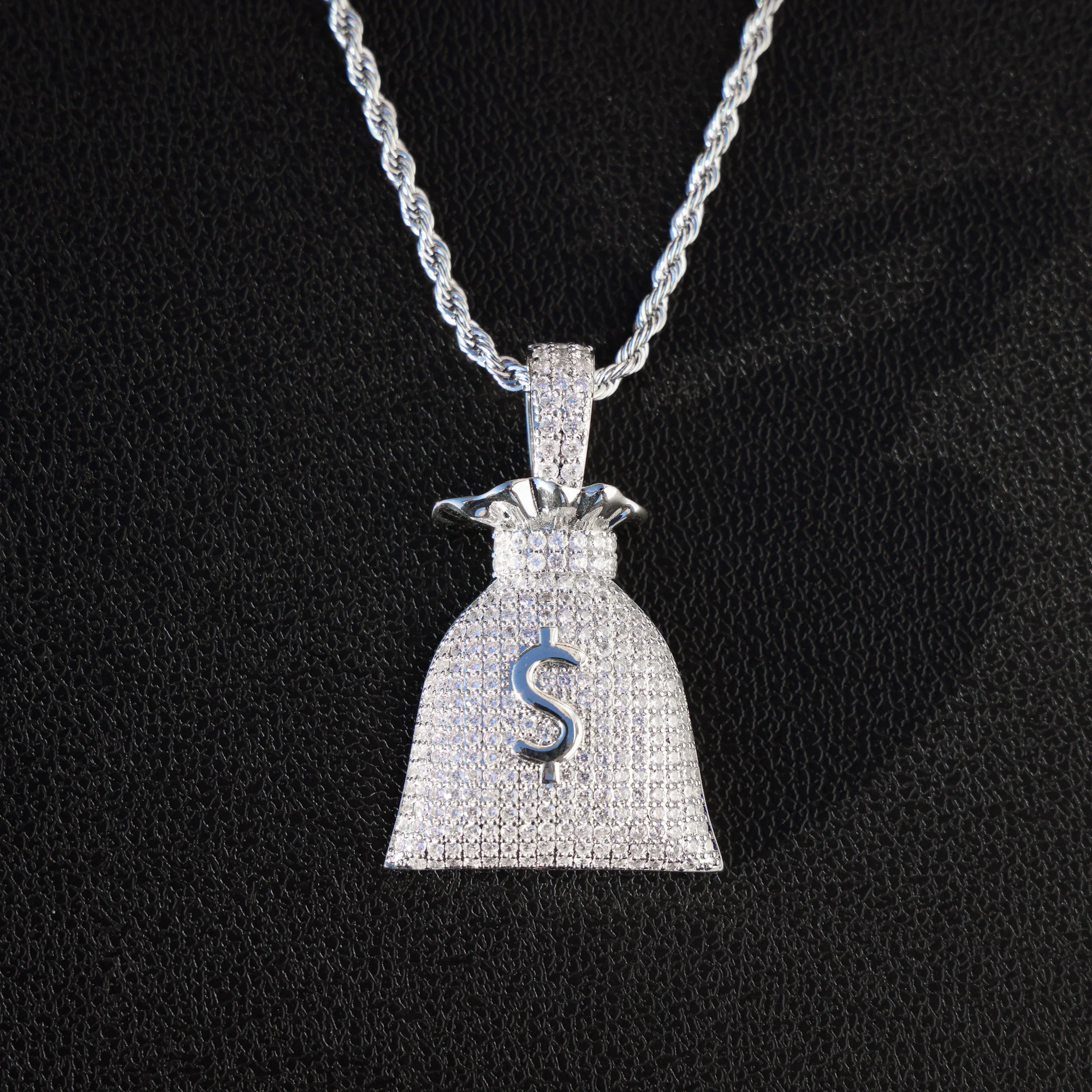 Iced Out Money Bag Pendant - White Gold - Image 2