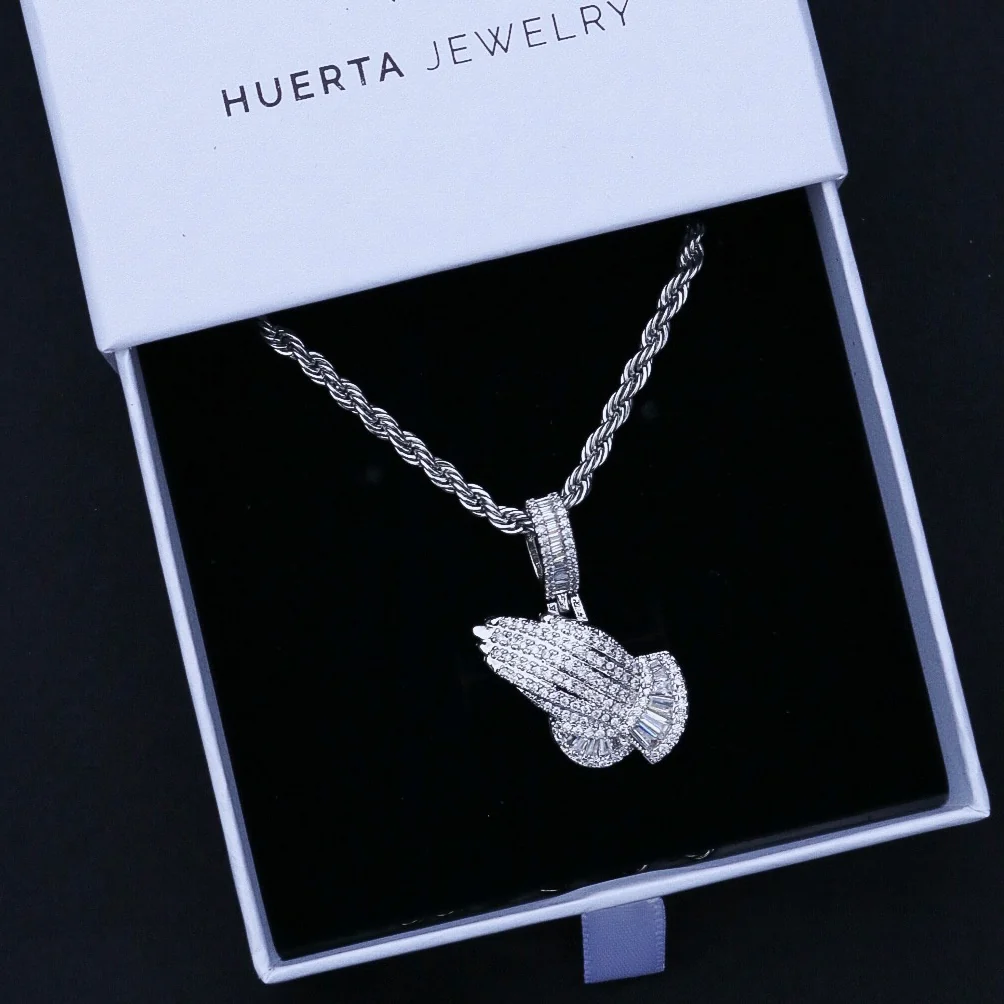 Small Iced Out Praying Hands Pendant - White Gold - Image 2