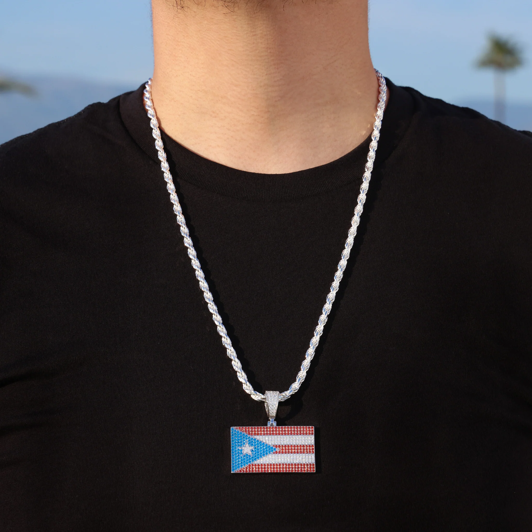 Iced Out Puerto Rico Flag Pendant - 925 Silver - Image 2