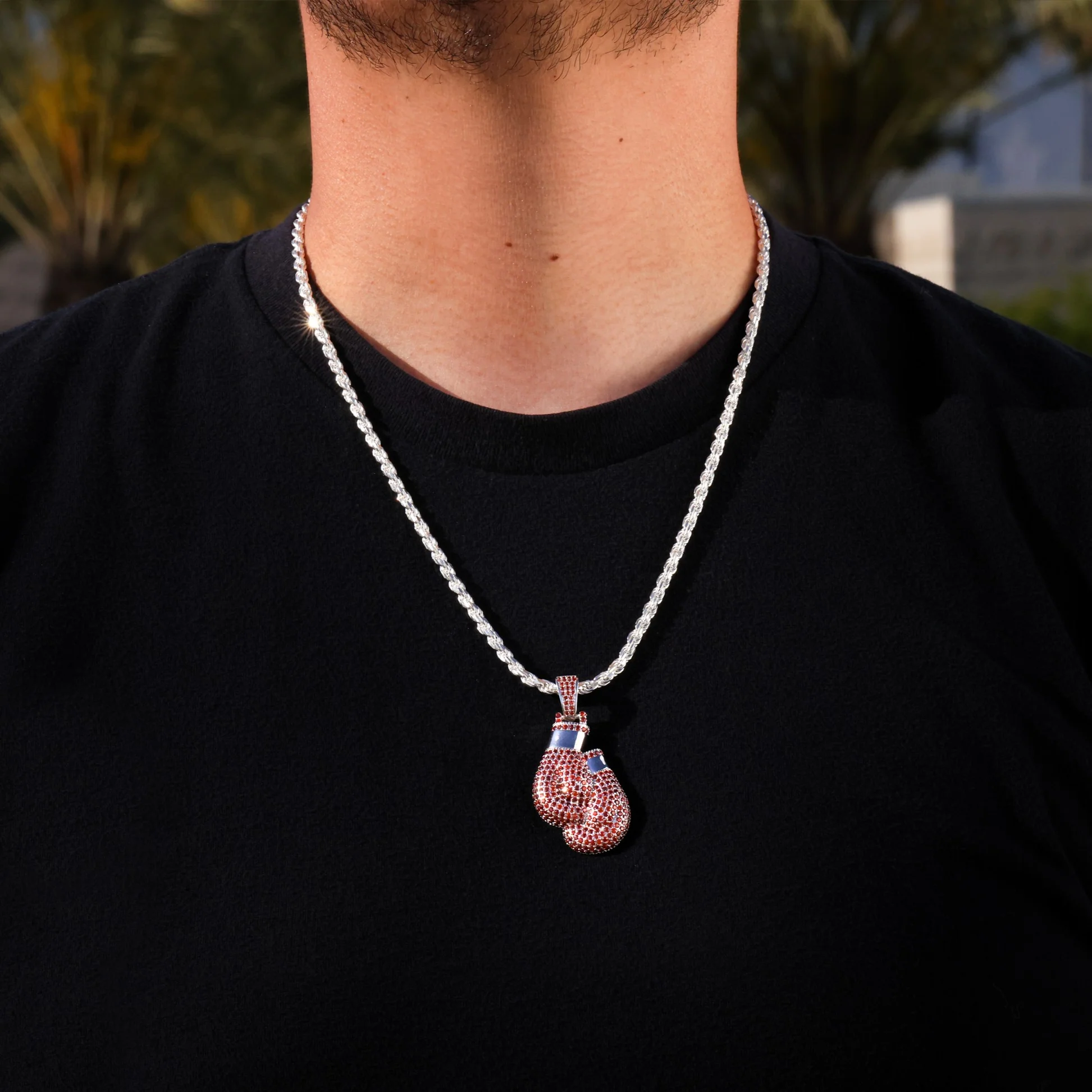 Iced Out Red Boxing Gloves Pendant - 925 Silver - Image 3
