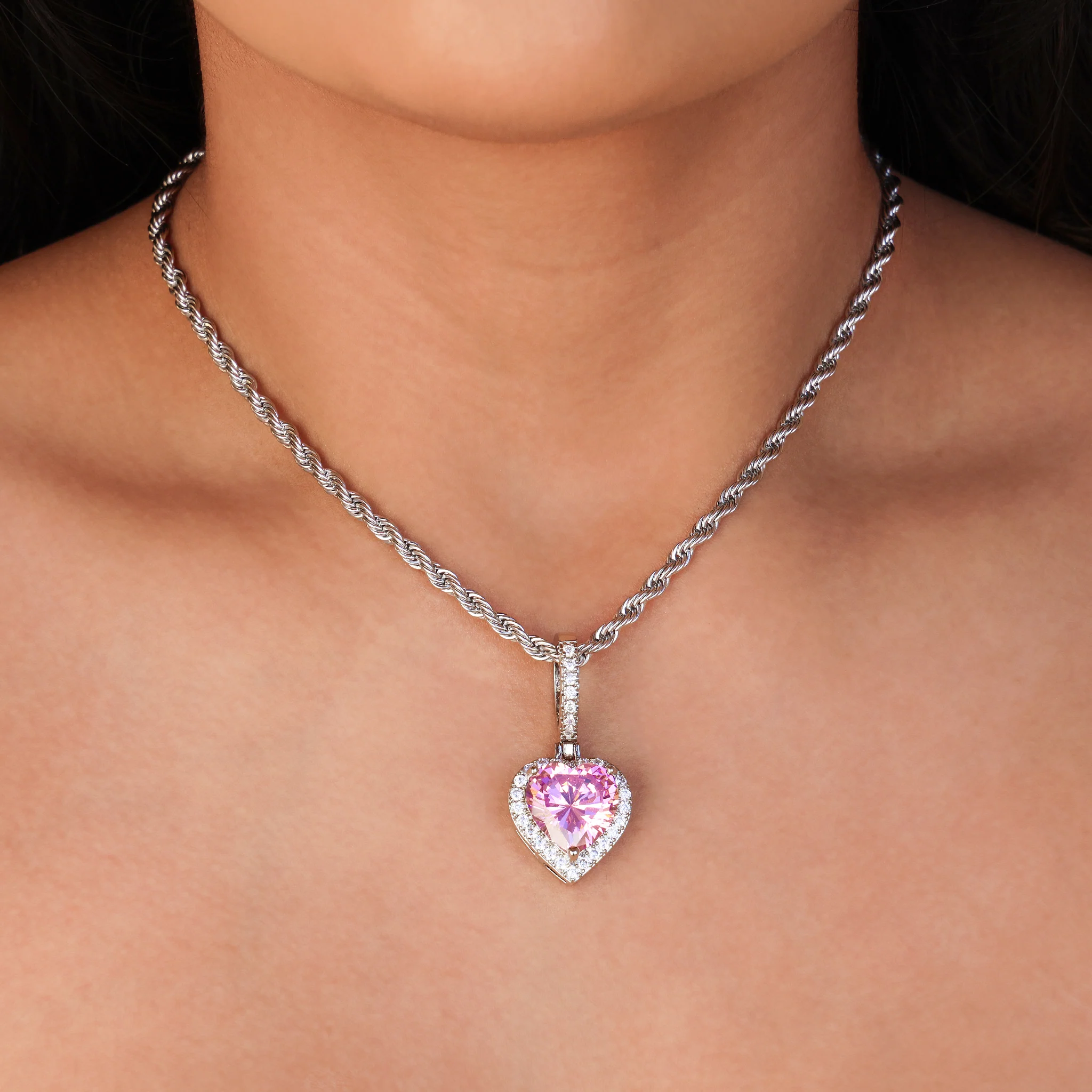 Iced Pink Heart Pendant - White Gold - Image 3