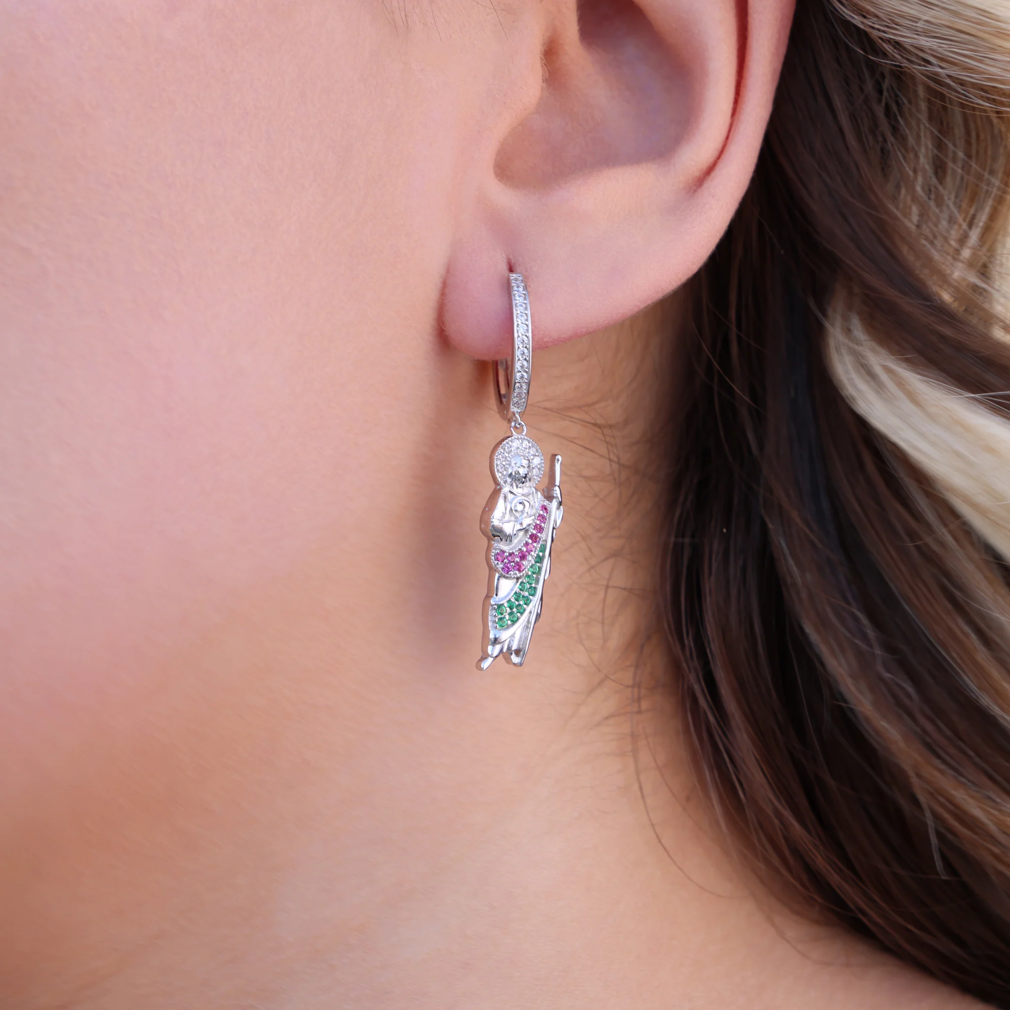 Women's Iced San Judas Earrings - 925 Silver - Image 2