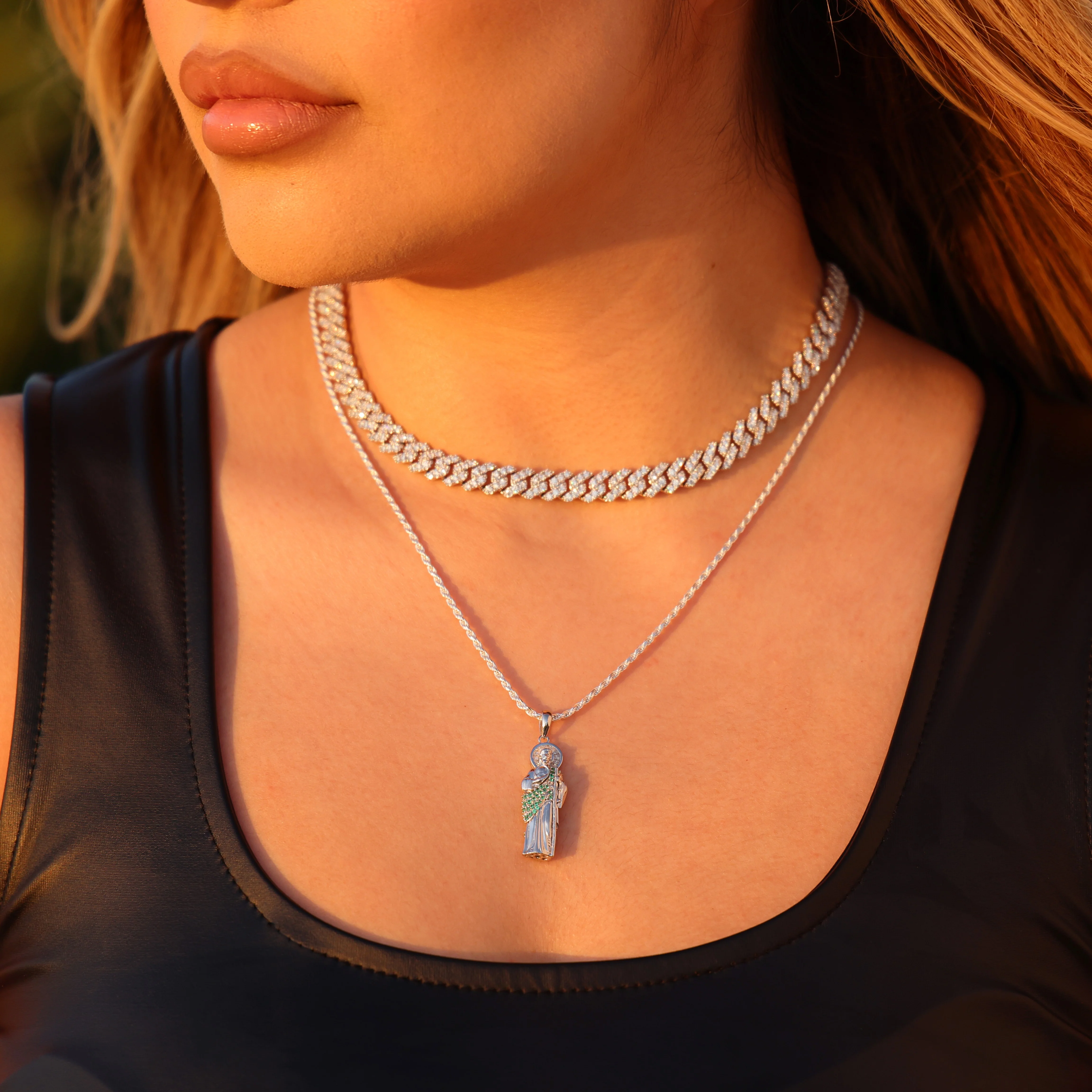 Micro Green Iced San Judas Pendant - 925 Silver - Image 2