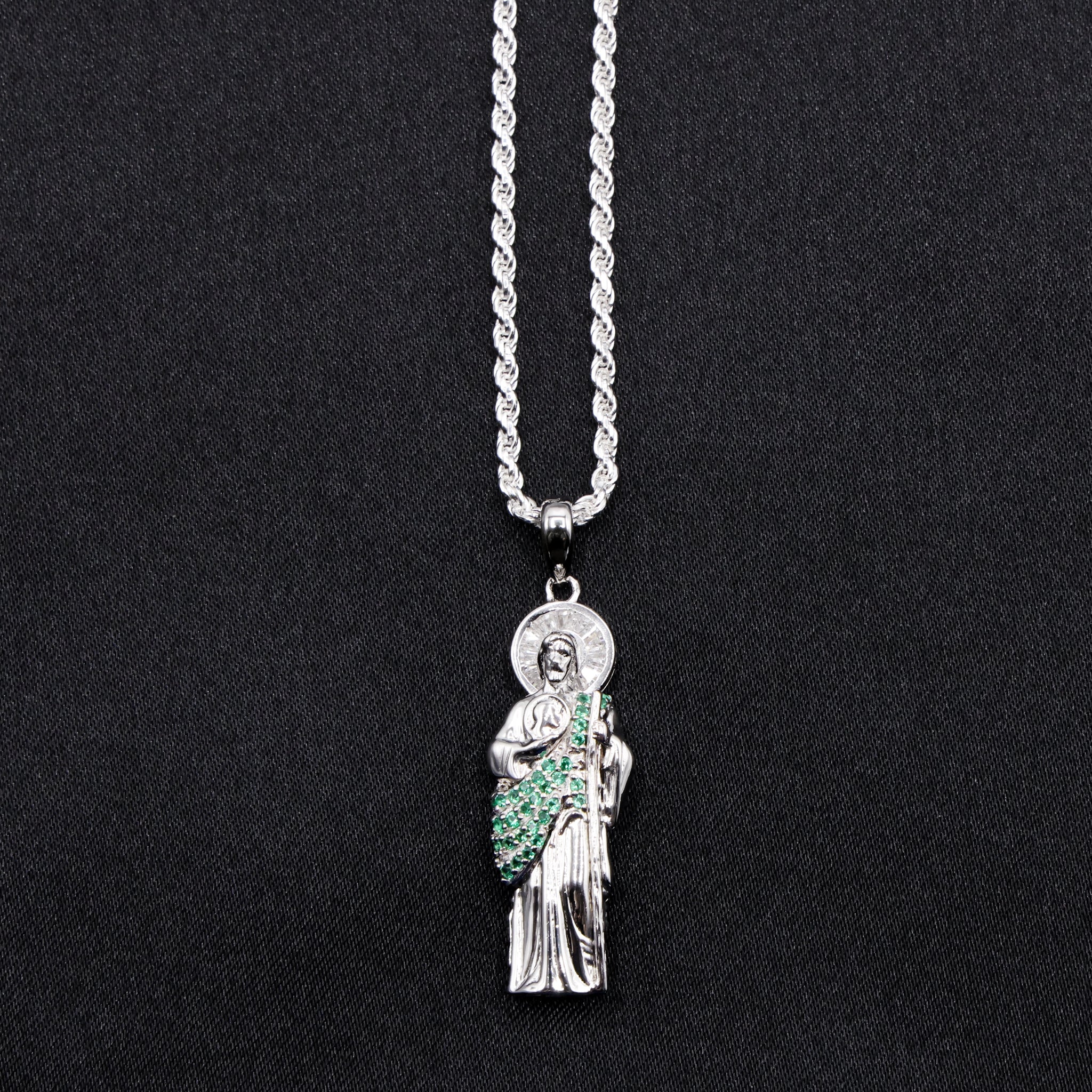 Micro Green Iced San Judas Pendant - 925 Silver - Image 5