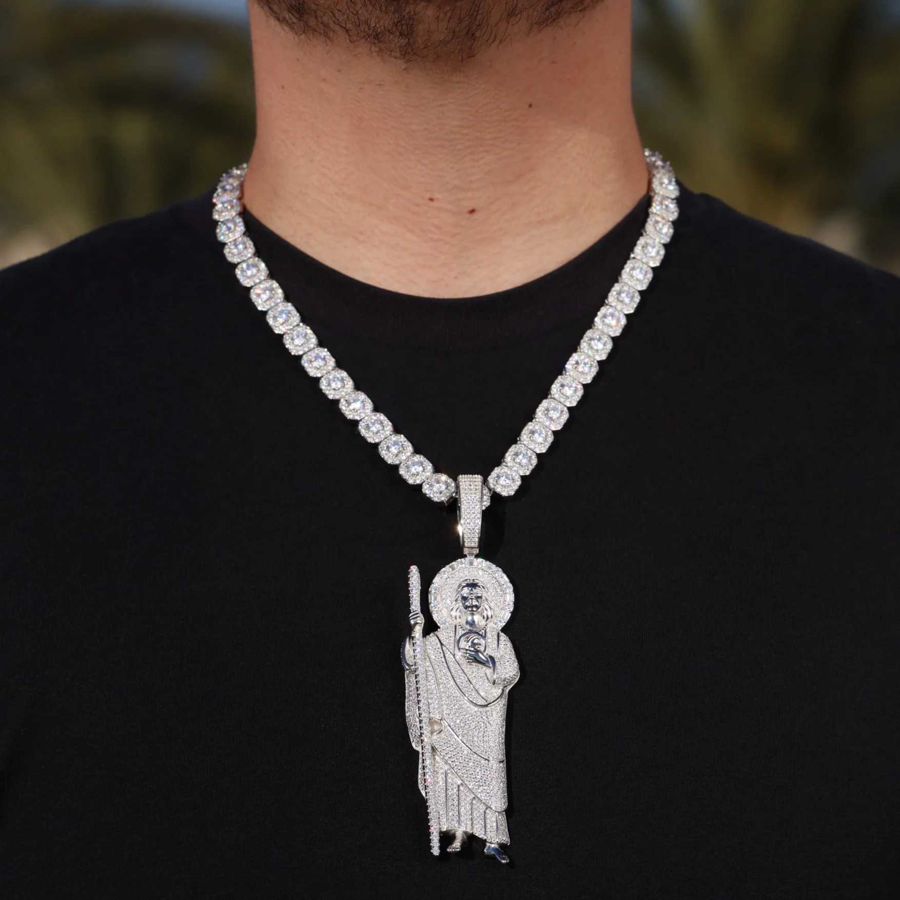 Moissanite Clustered Tennis Chain + XL Fully Iced Moissanite San Judas Pendant Set - 925 Silver