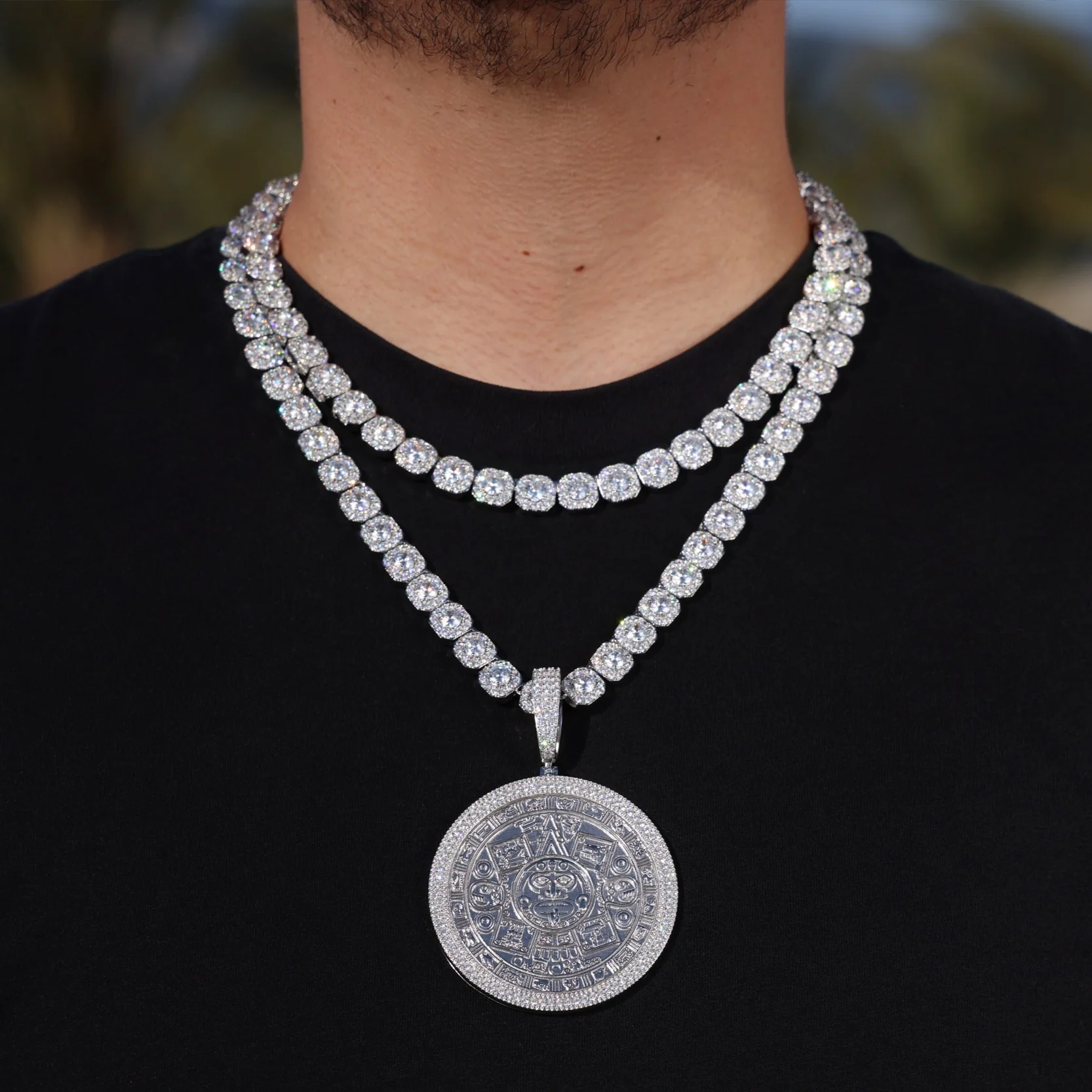 Moissanite Clustered Tennis Iced Big Aztec Calendar Pendant Layered Set - 925 Silver