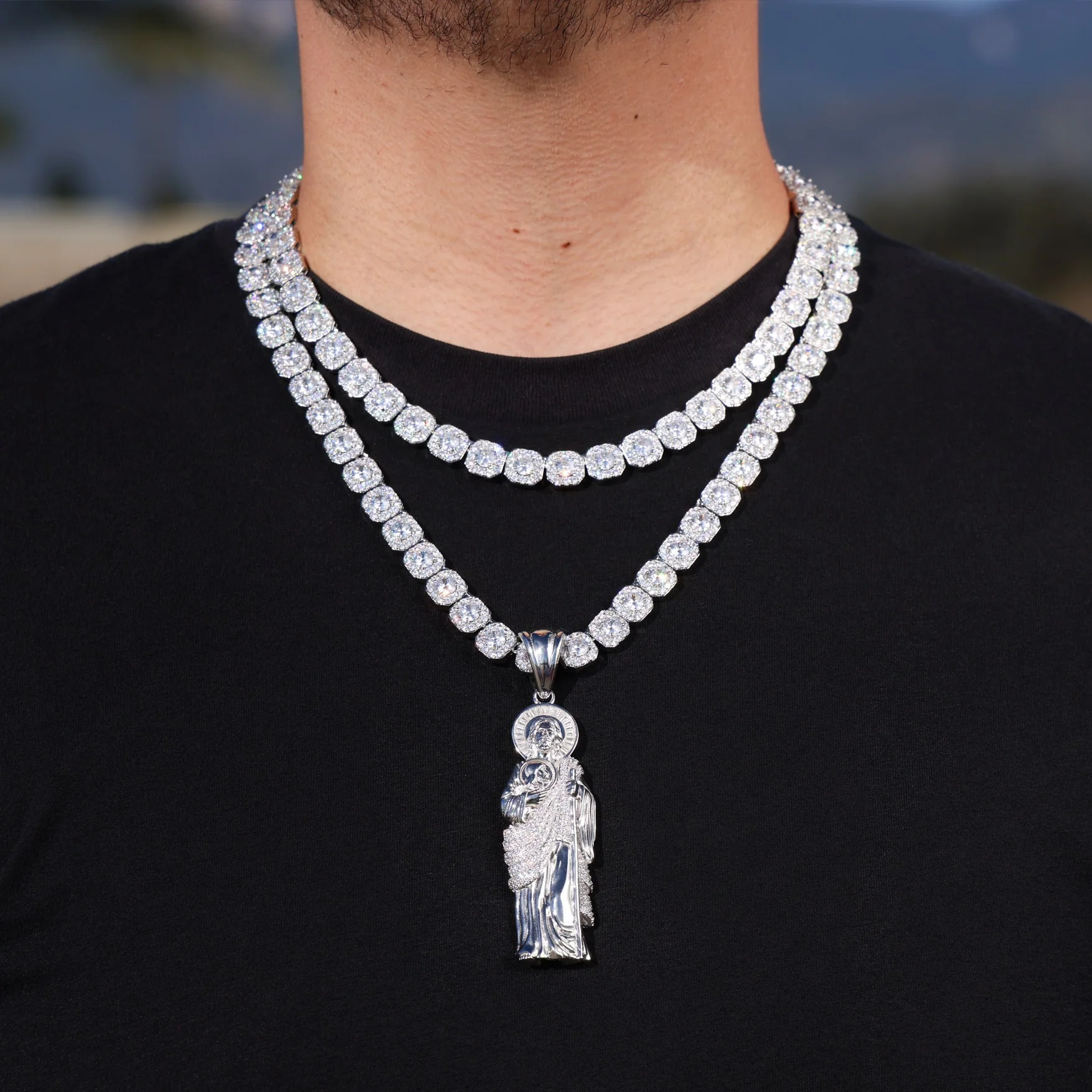 Moissanite Clustered Tennis Iced Big San Judas Pendant Layered Set - 925 Silver