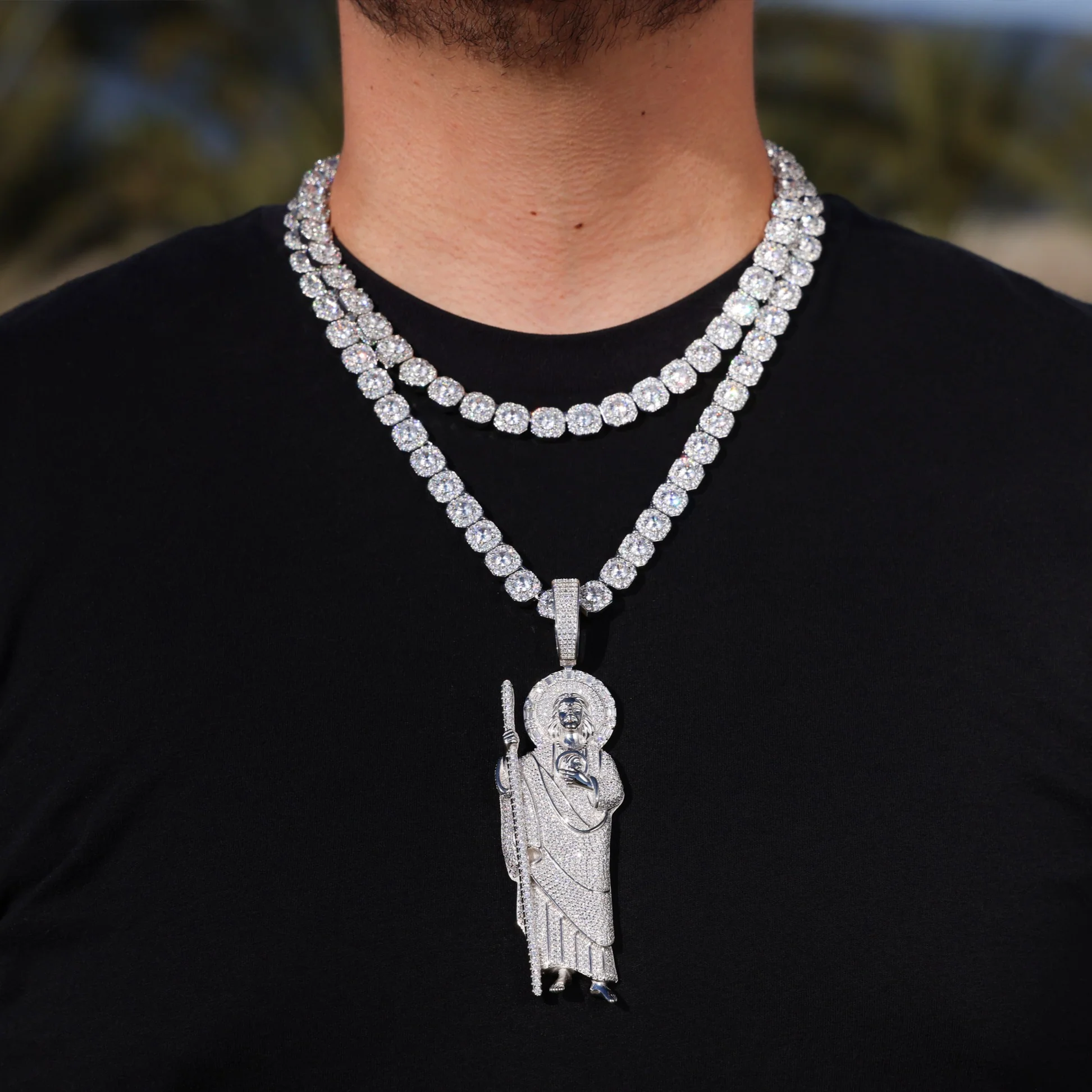 Moissanite Clustered Tennis XL Fully Iced San Judas Pendant Layered Set - 925 Silver