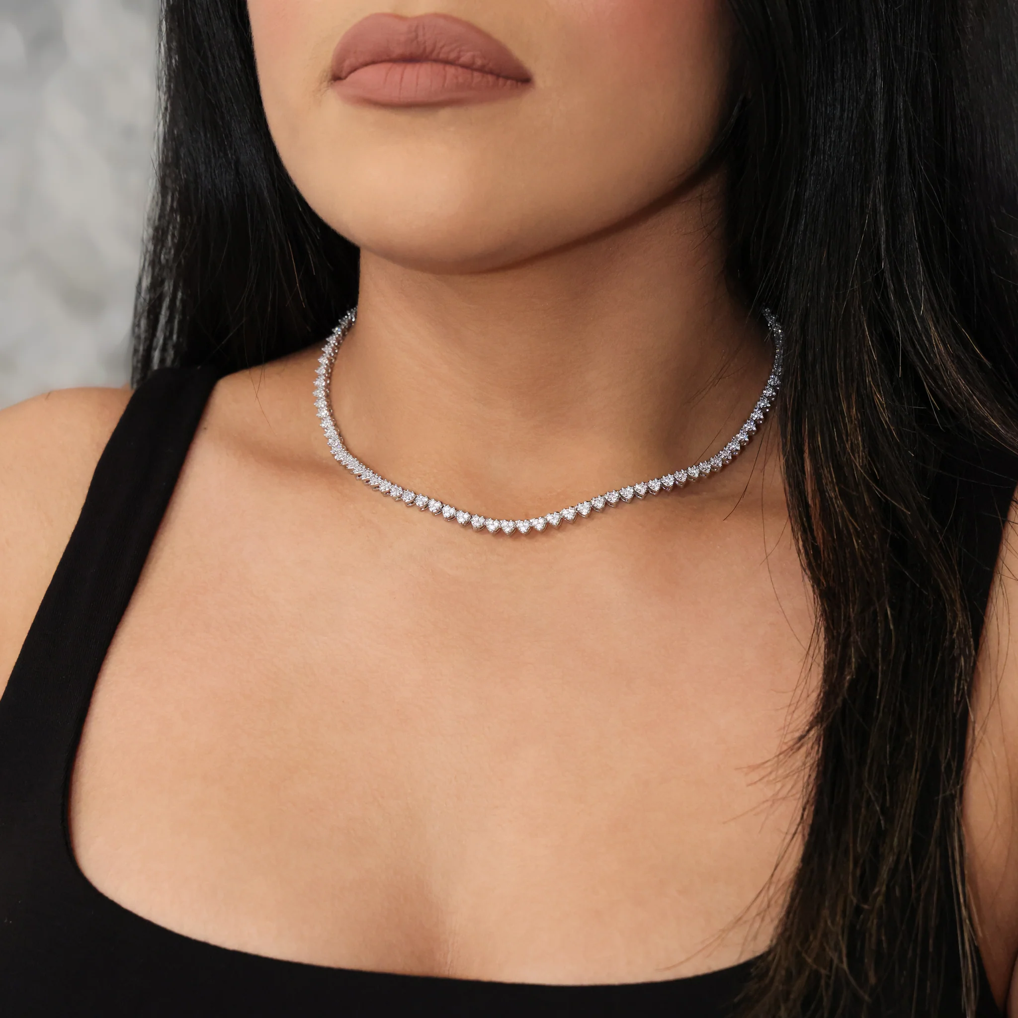 Pave Heart Tennis Necklace - White Gold - Image 2
