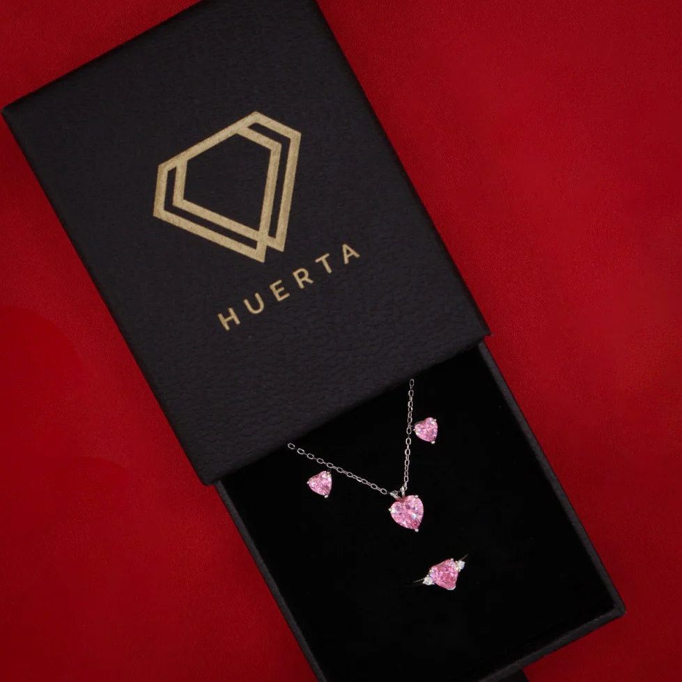Pink Heart CZ Ring + Necklace + Earrings Set - 925 Silver