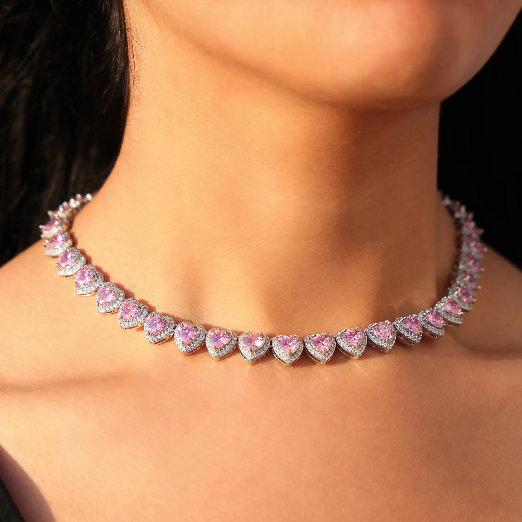 Pink Heart Diamond Clustered Tennis Necklace - White Gold - Image 2